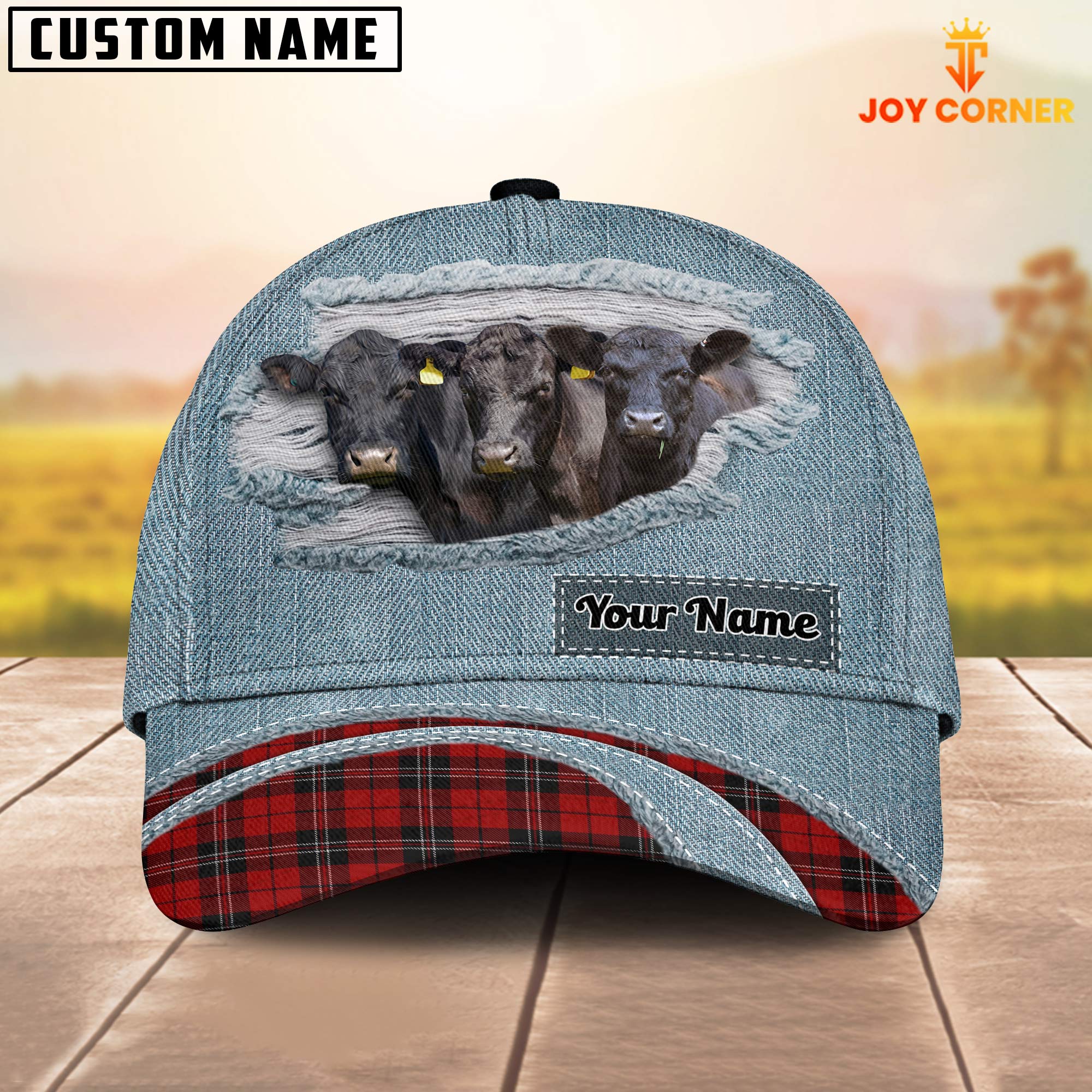 Black Angus Red Caro And Jeans Pattern Customized Name Cap