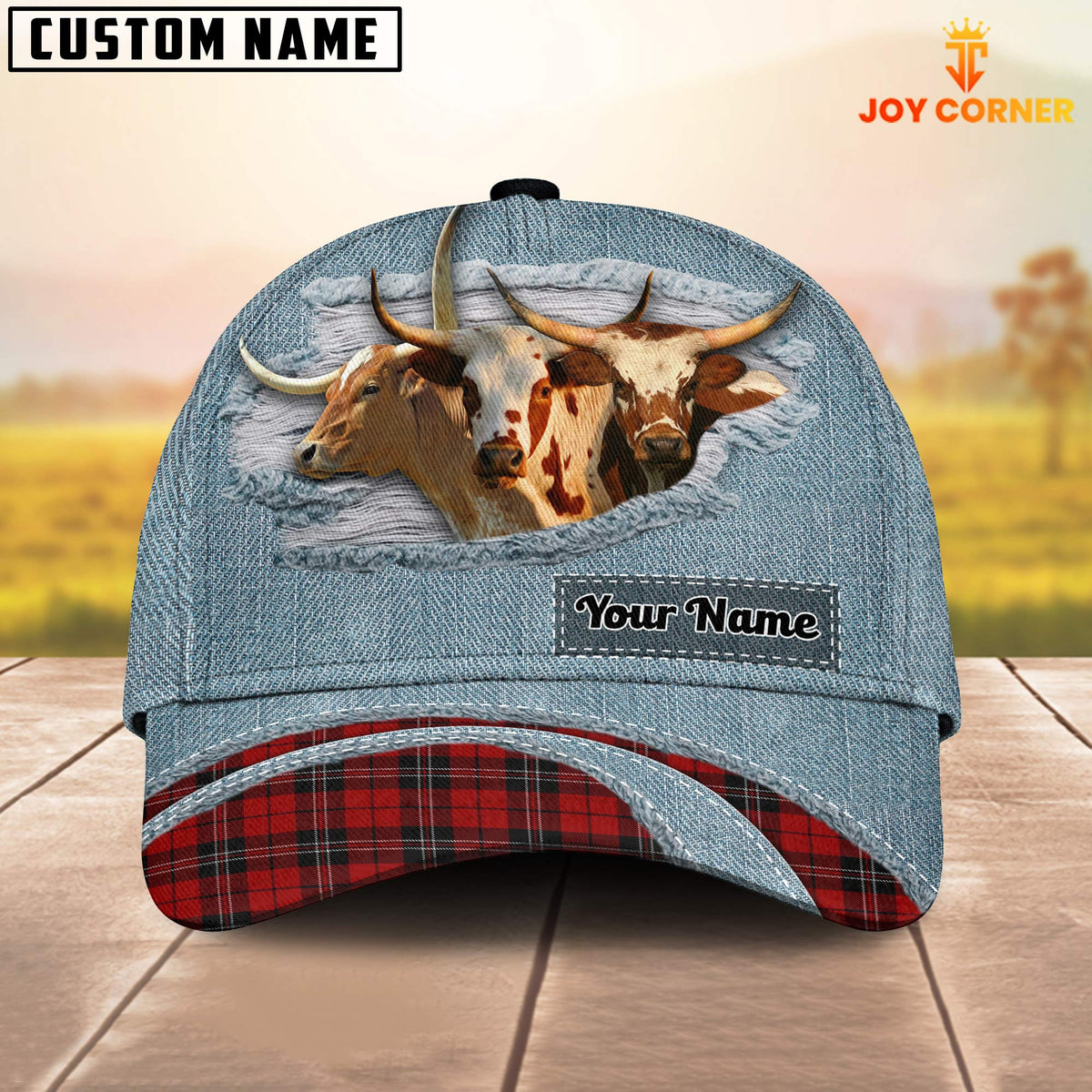 Texas Longhorn Red Caro And Jeans Pattern Customized Name Cap