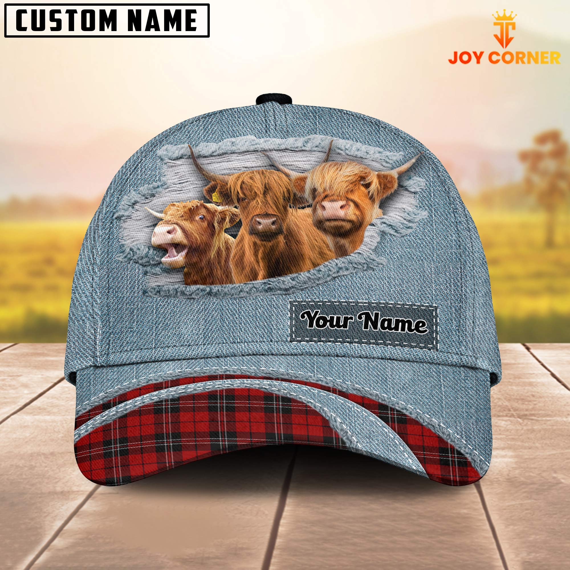 Highland Cattle Red Caro And Jeans Pattern Customized Name Cap