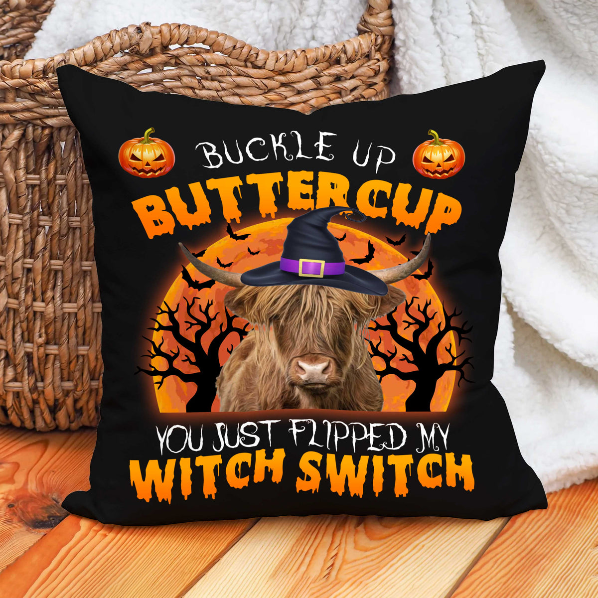 Happy Halloween Highland Buckle Up Butter Cup Pillow Case