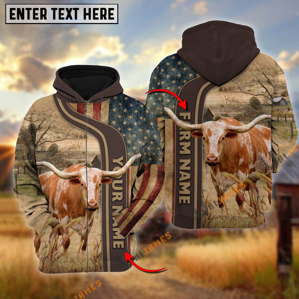 Personalized Name, Farm Name Texas Longhorn US Flag Hoodie