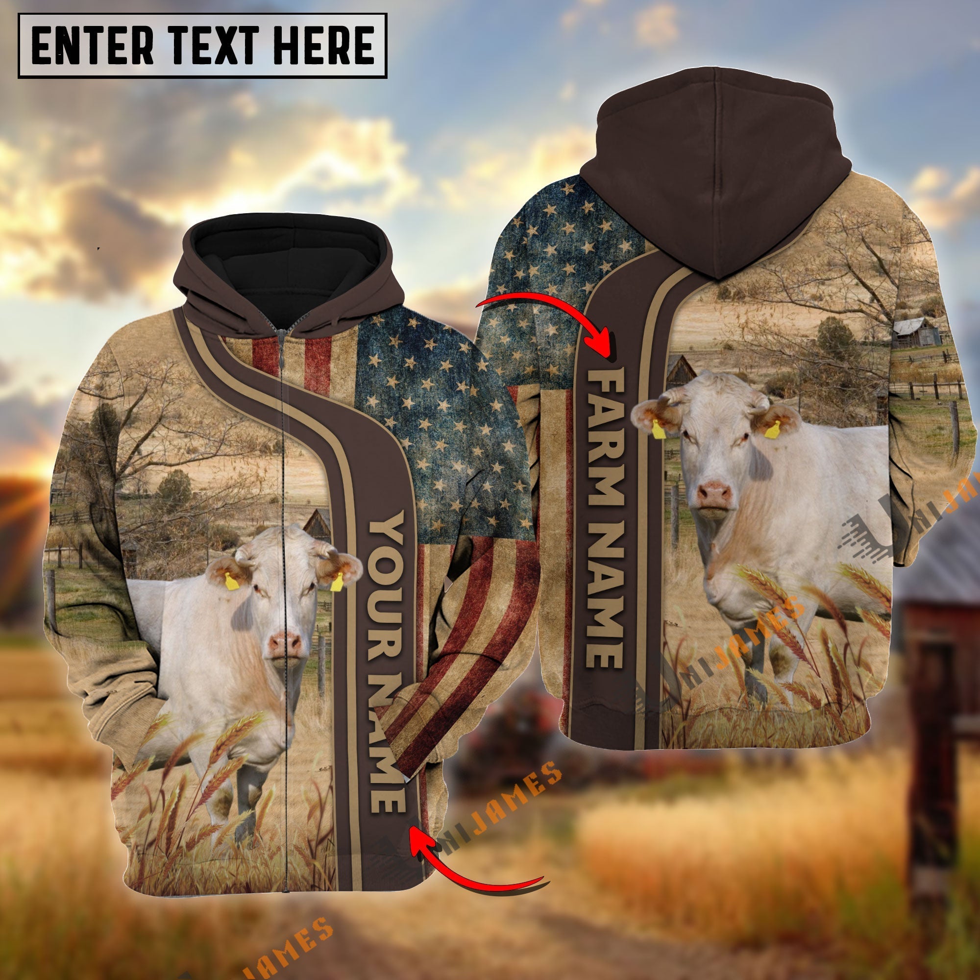 Personalized Name, Farm Name Charolais US Flag Hoodie