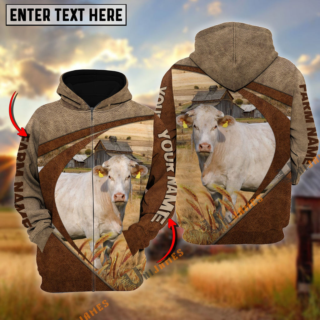 Charolais Personalized Name, Farm Name 3D Mix Leather Pattern Hoodie