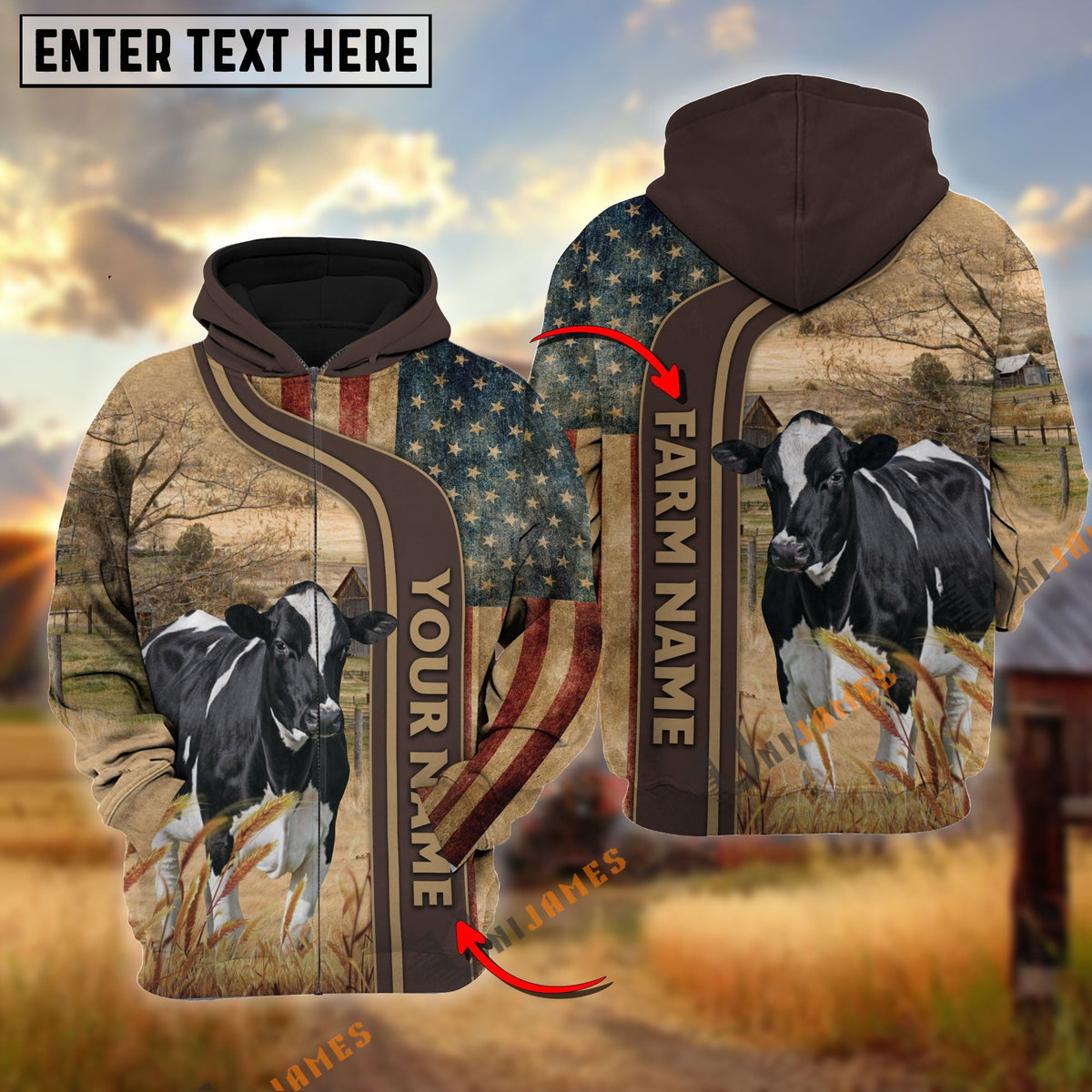 Personalized Name, Farm Name Holstein US Flag Hoodie