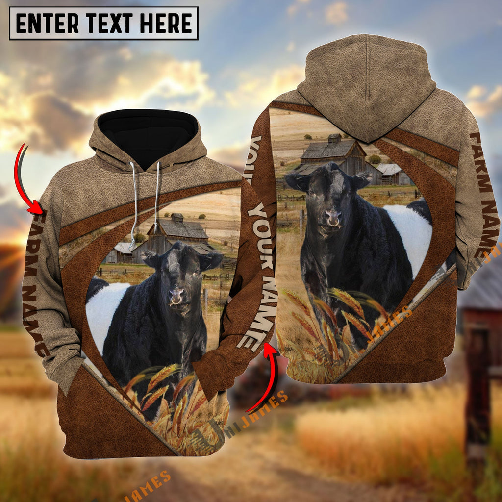 Belted Galloway Personalized Name, Farm Name 3D Mix Leather Pattern Hoodie