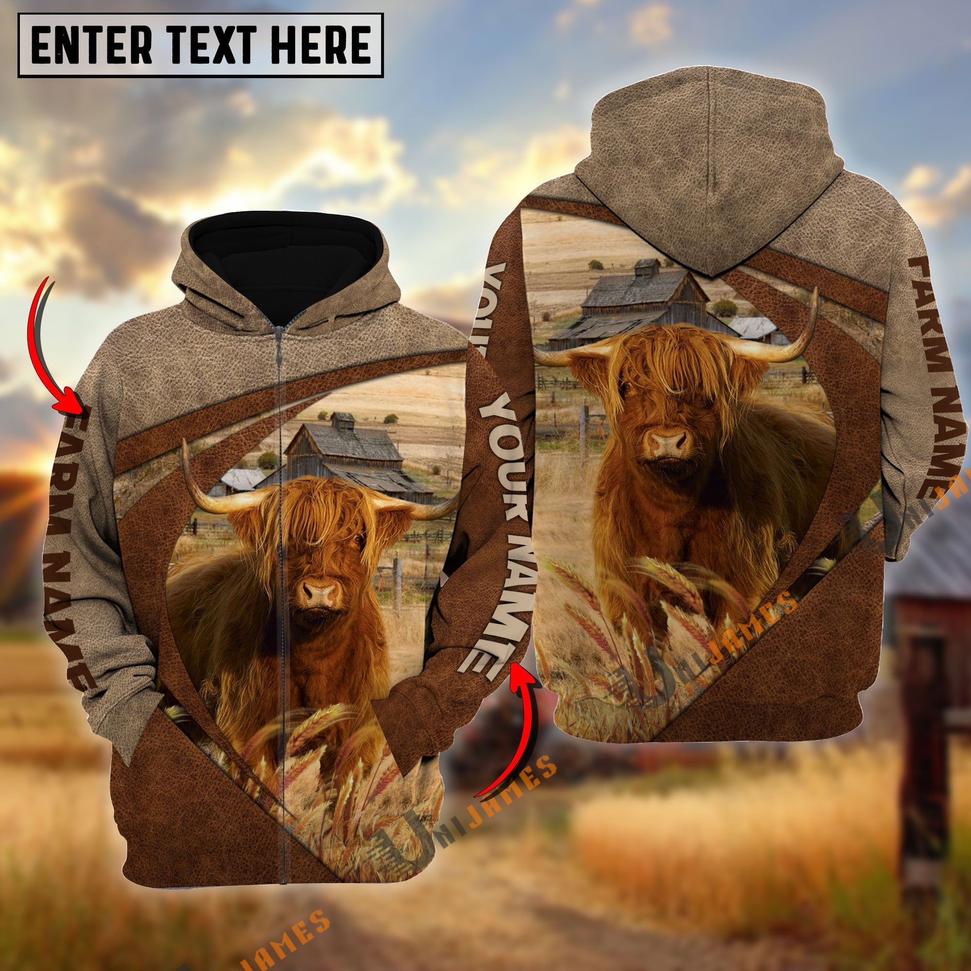 Highland Personalized Name, Farm Name 3D Mix Leather Pattern Hoodie
