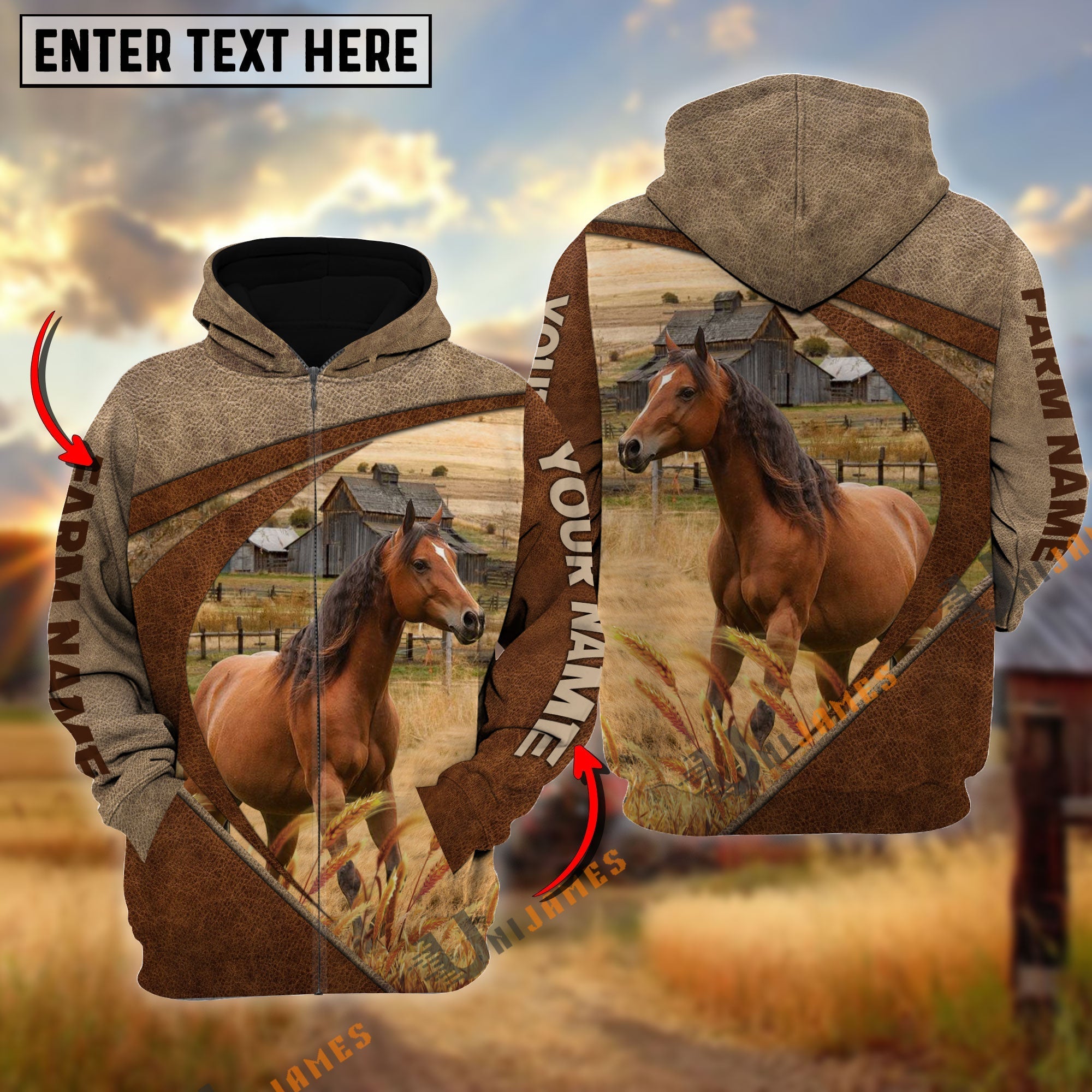 Horse Personalized Name, Farm Name 3D Mix Leather Pattern Hoodie