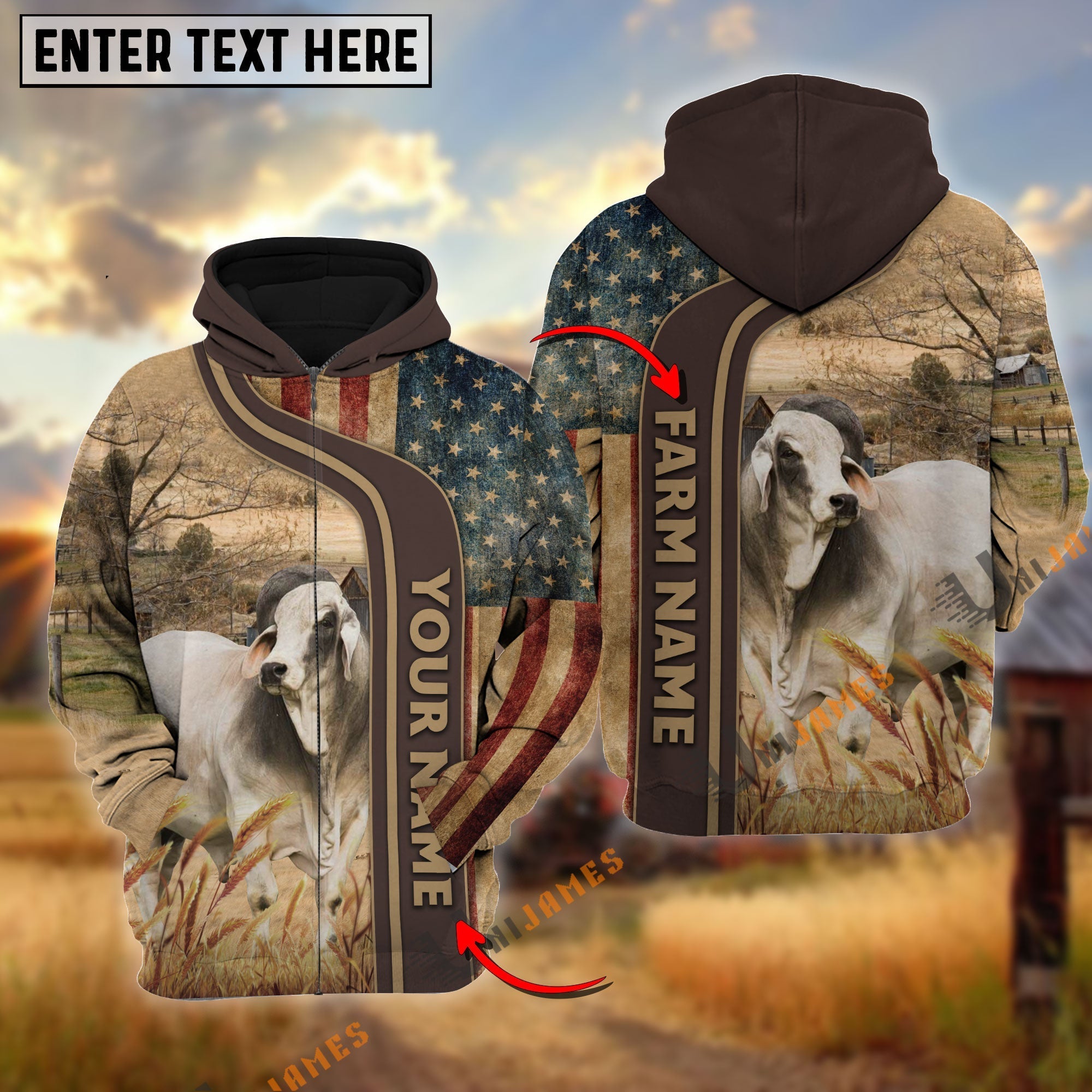 Personalized Name, Farm Name Brahman US Flag Hoodie