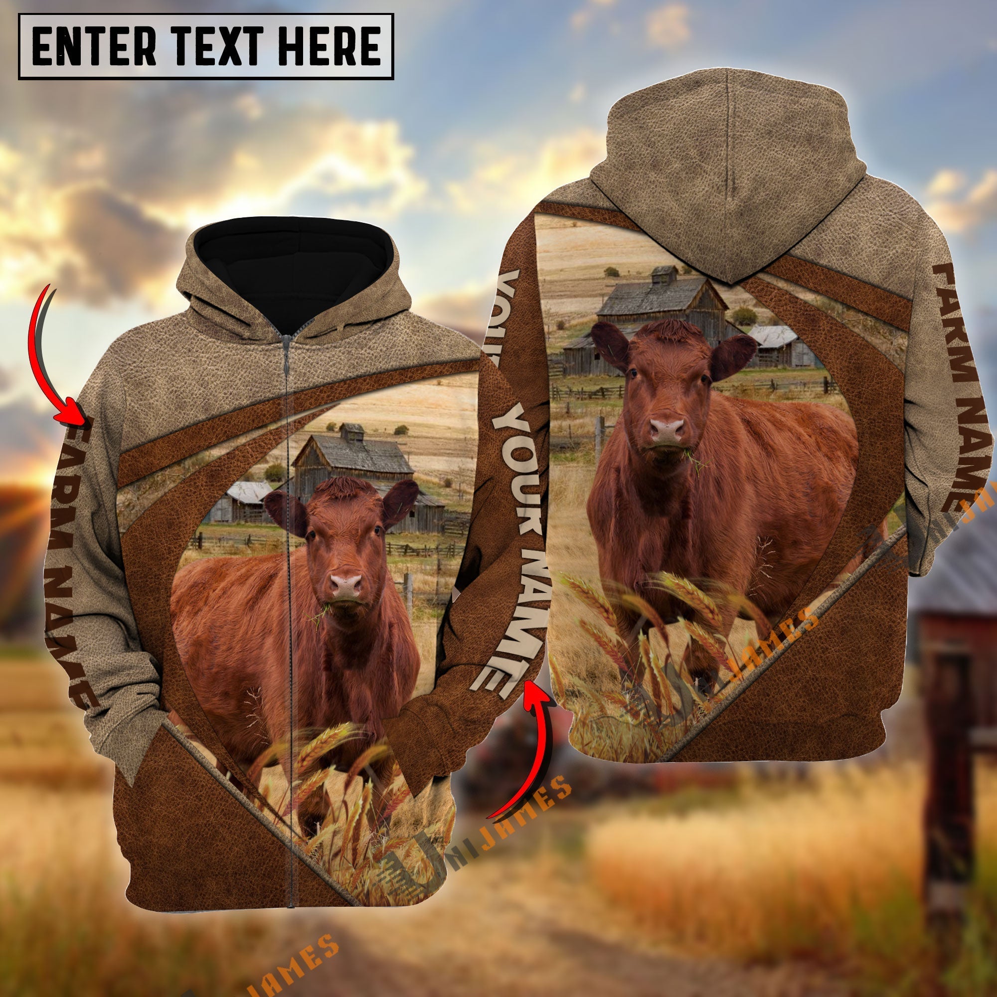 Red Angus Personalized Name, Farm Name 3D Mix Leather Pattern Hoodie