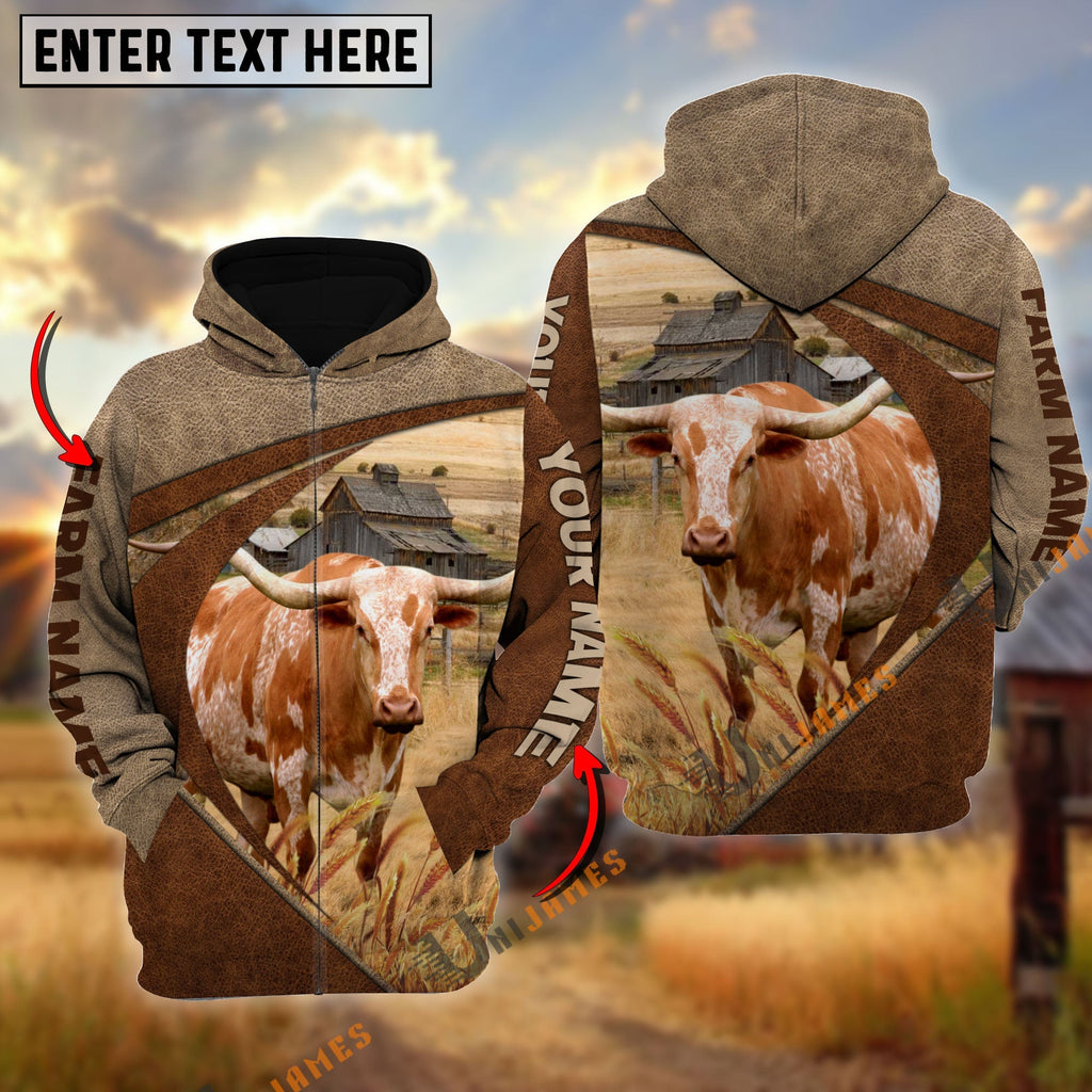 Texas Longhorn Personalized Name, Farm Name 3D Mix Leather Pattern Hoodie
