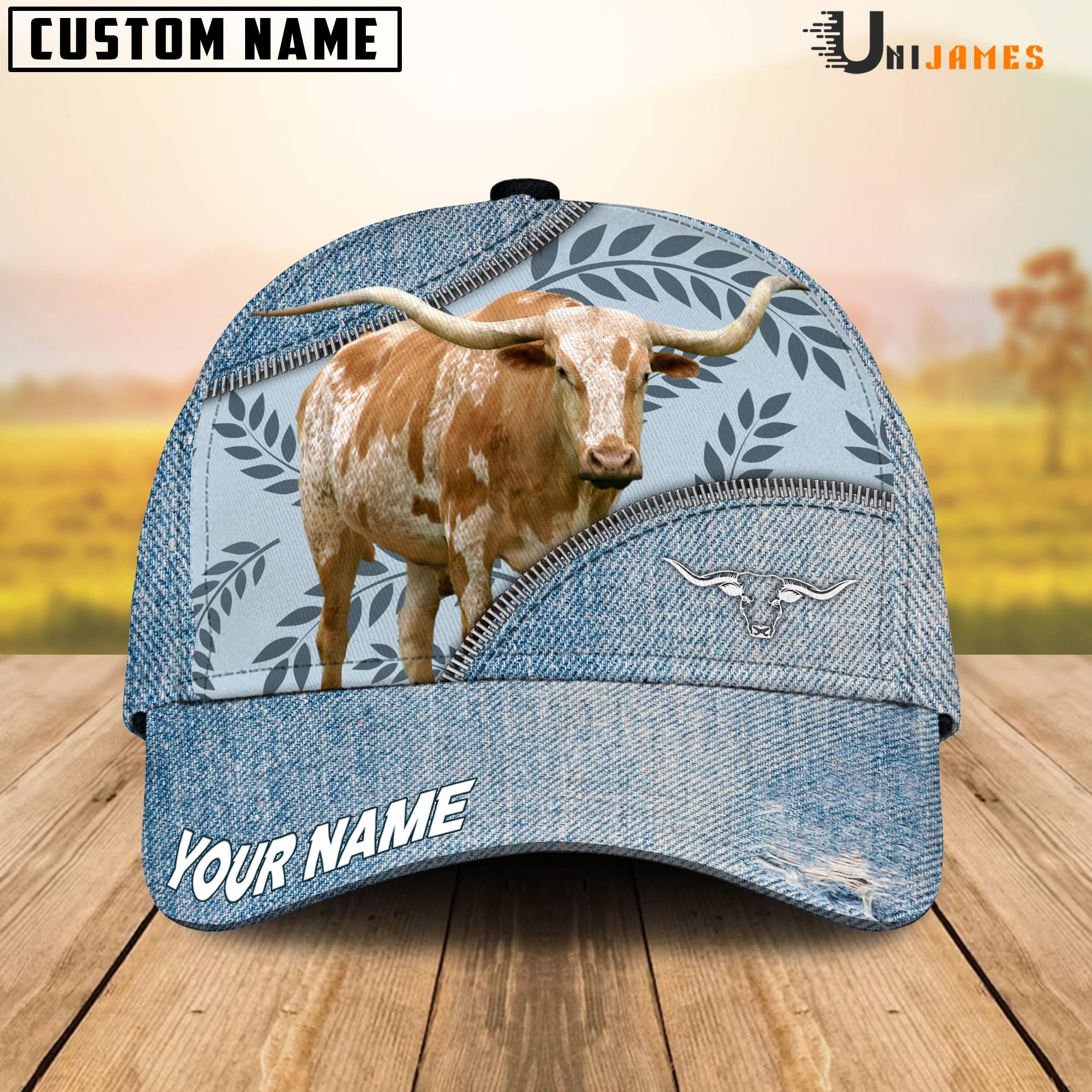 Texas Longhorn Countryside Jean Pattern Customized Name Cap