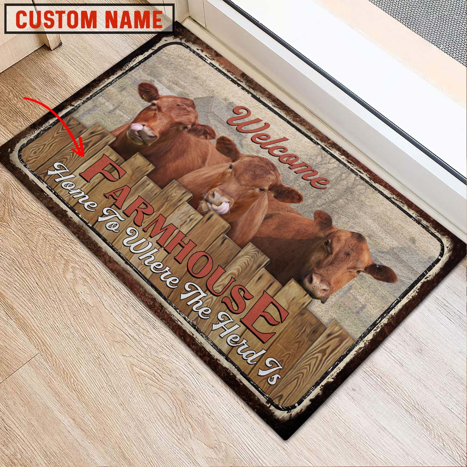 Red Angus Welcome Custom Name Doormat