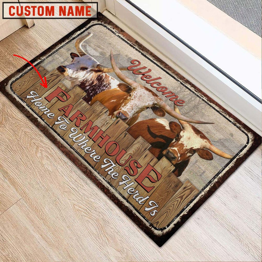 Texas Longhorn Custom Name - Home To Where The Herd Is FarmHouse Doormat