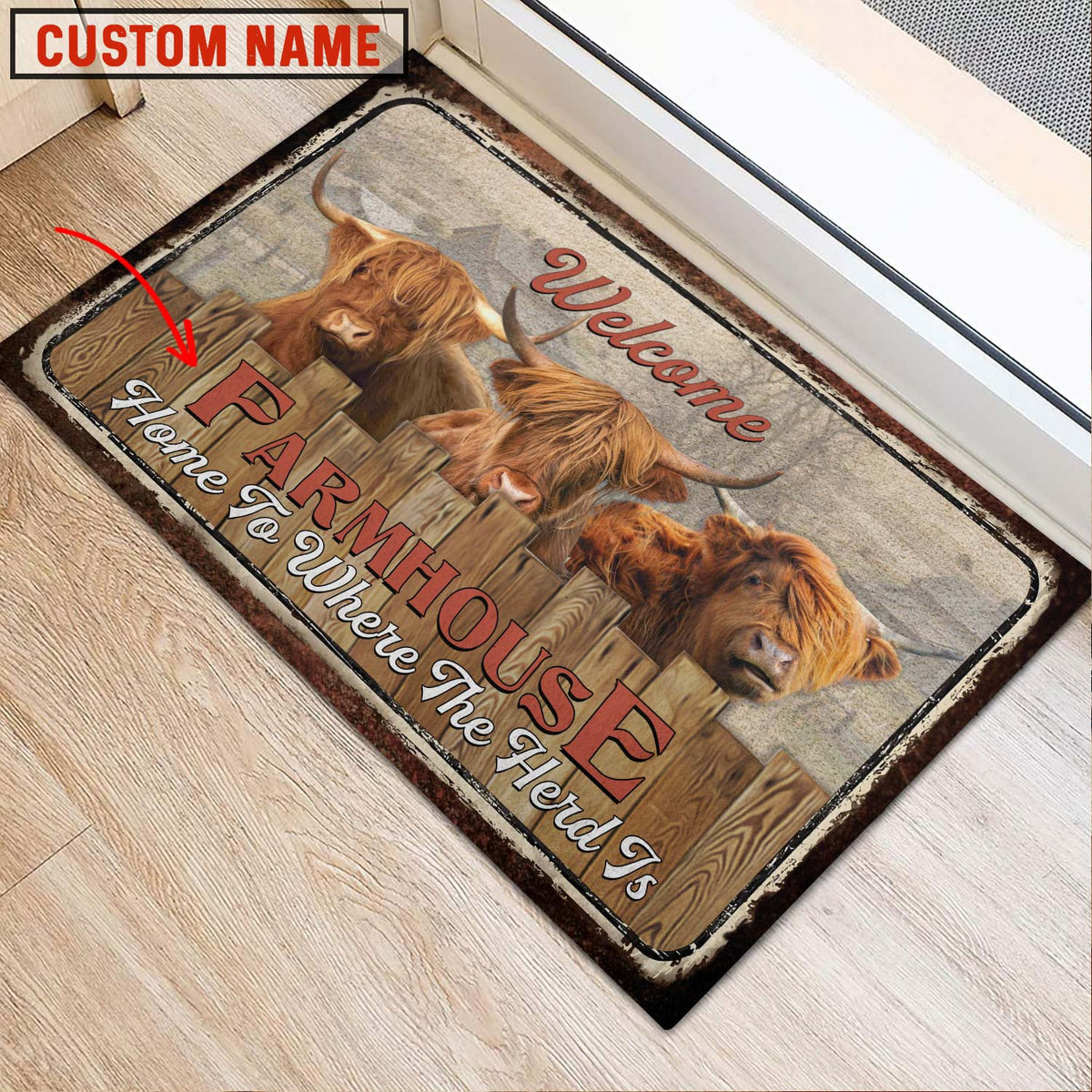 Highland Custom Name - Home To Where The Herd Is FarmHouse Doormat