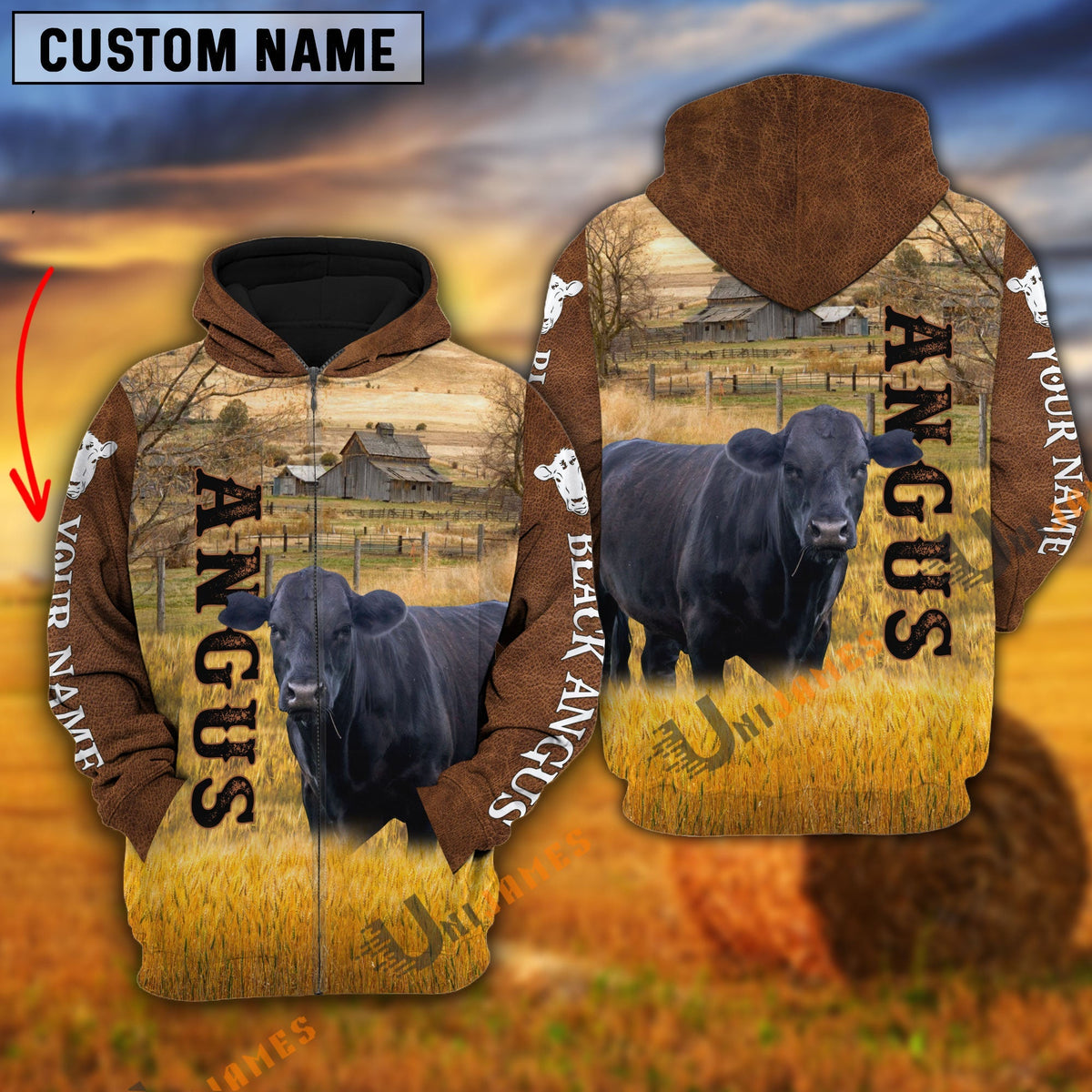 Personalized Name Farm Black Angus Cattle Brown Hoodie