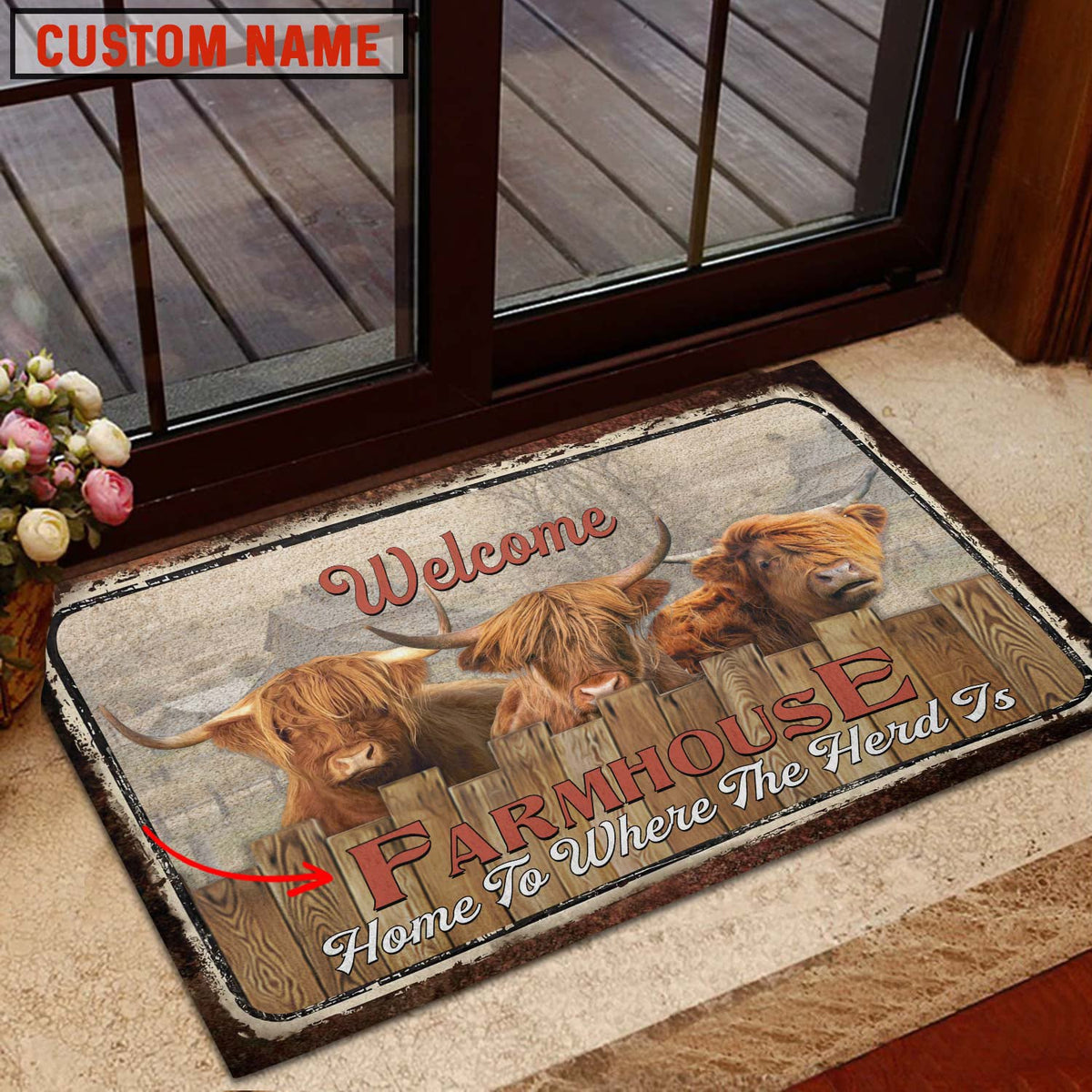 Highland Custom Name - Home To Where The Herd Is FarmHouse Doormat