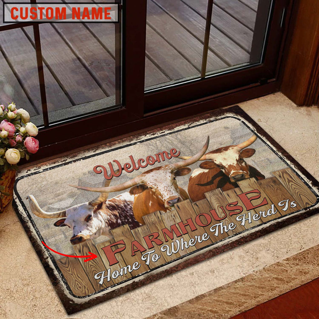 Texas Longhorn Custom Name - Home To Where The Herd Is FarmHouse Doormat