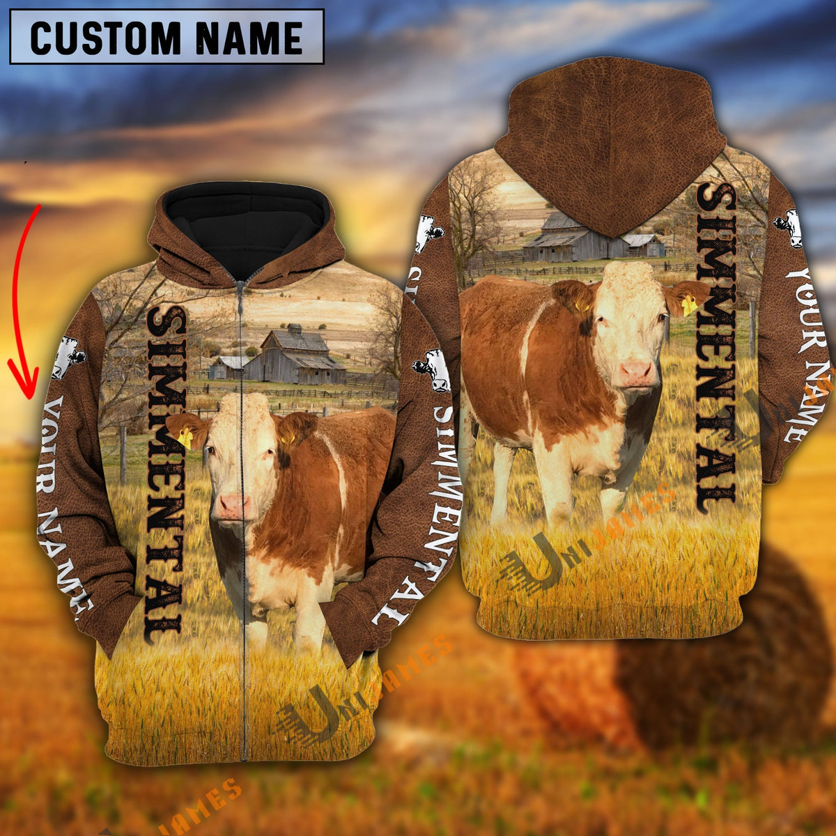Personalized Name Farm Simmental  Brown Hoodie