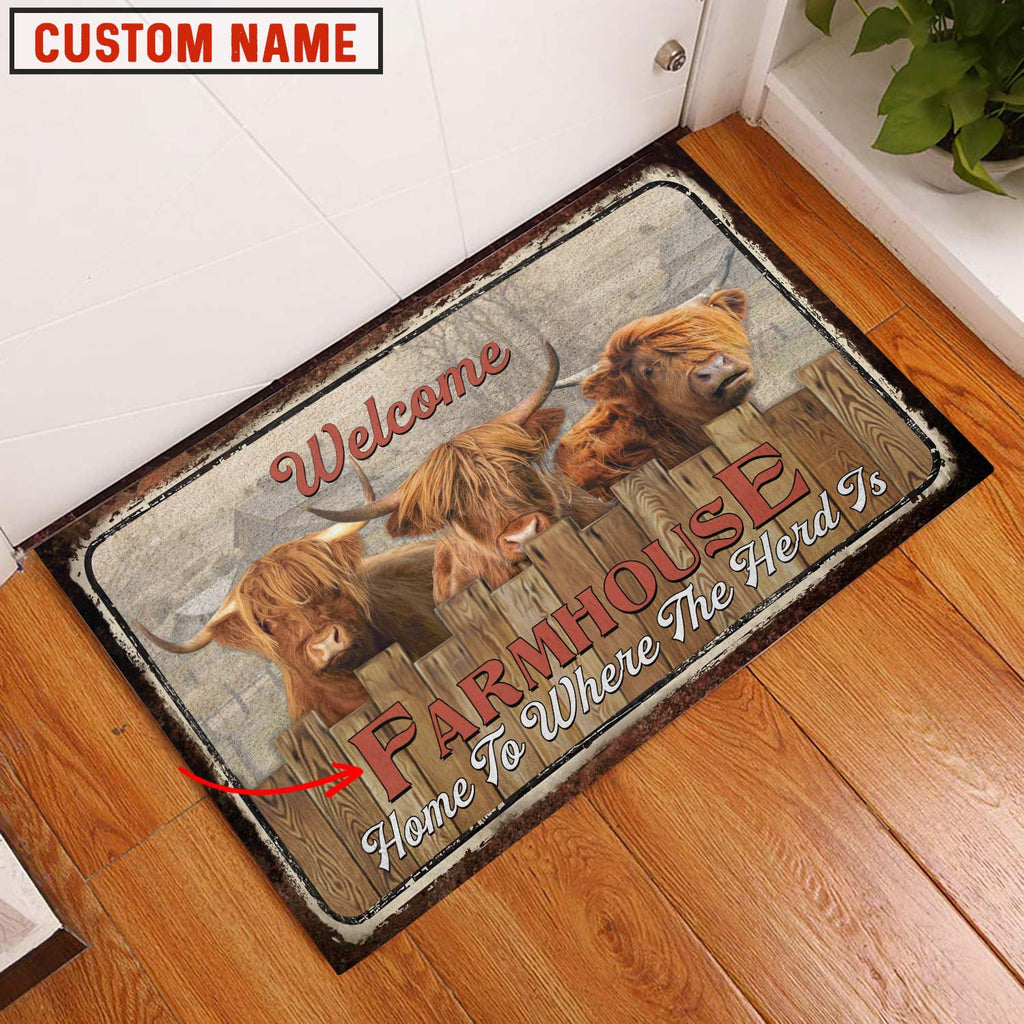 Highland Custom Name - Home To Where The Herd Is FarmHouse Doormat