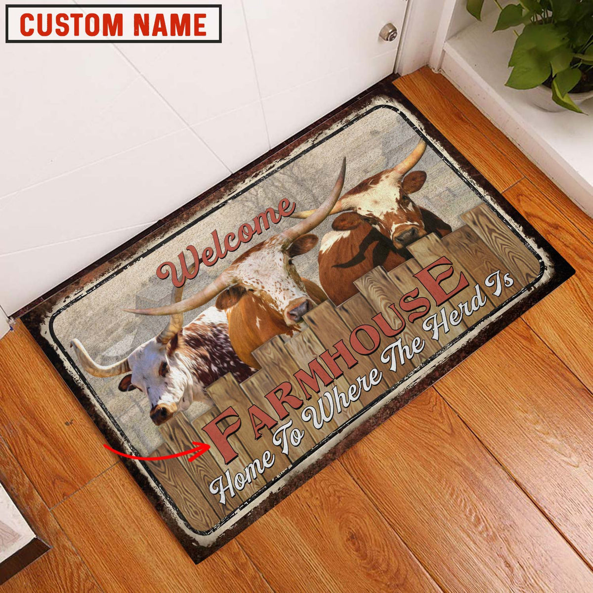 Texas Longhorn Custom Name - Home To Where The Herd Is FarmHouse Doormat