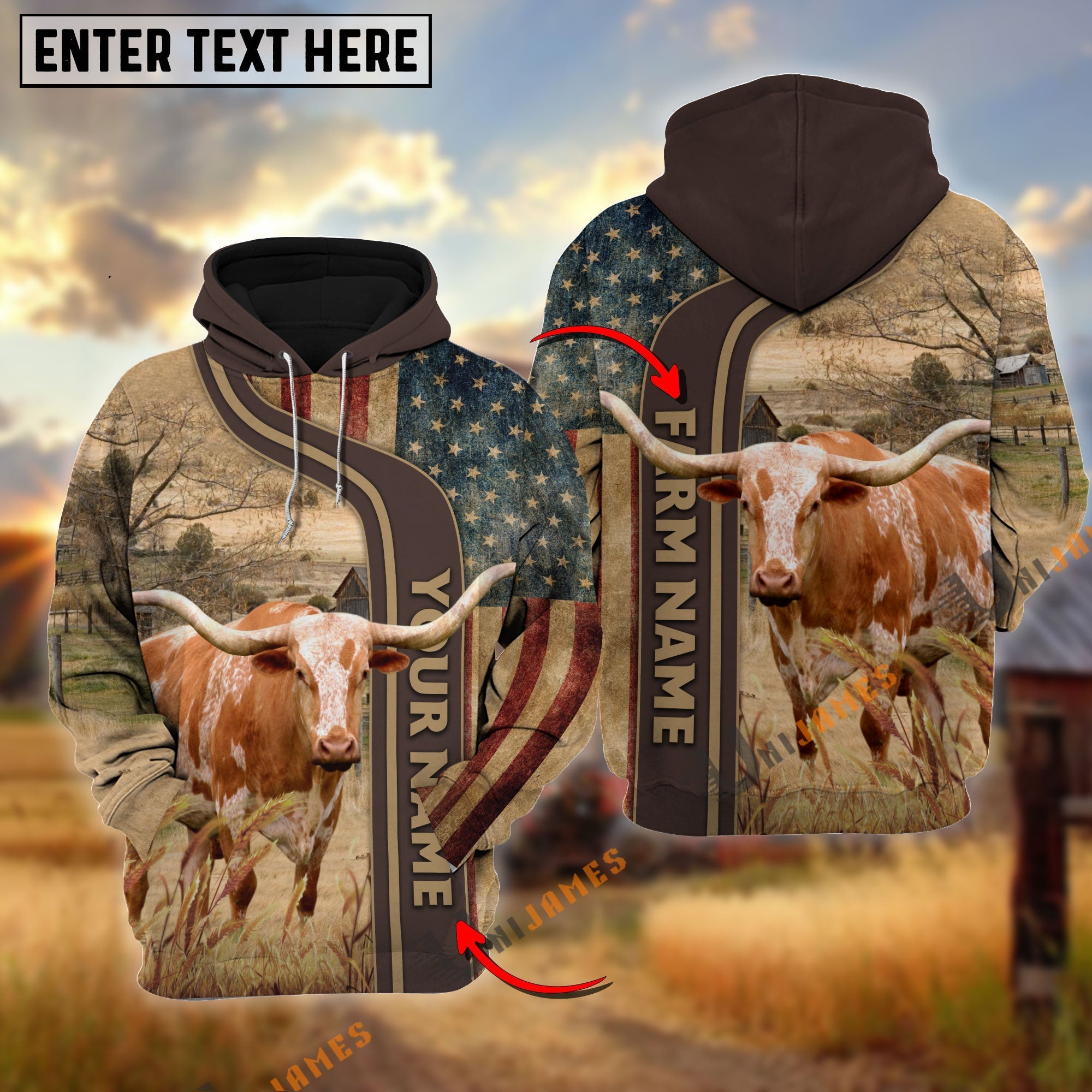 Personalized Name, Farm Name Texas Longhorn US Flag Hoodie