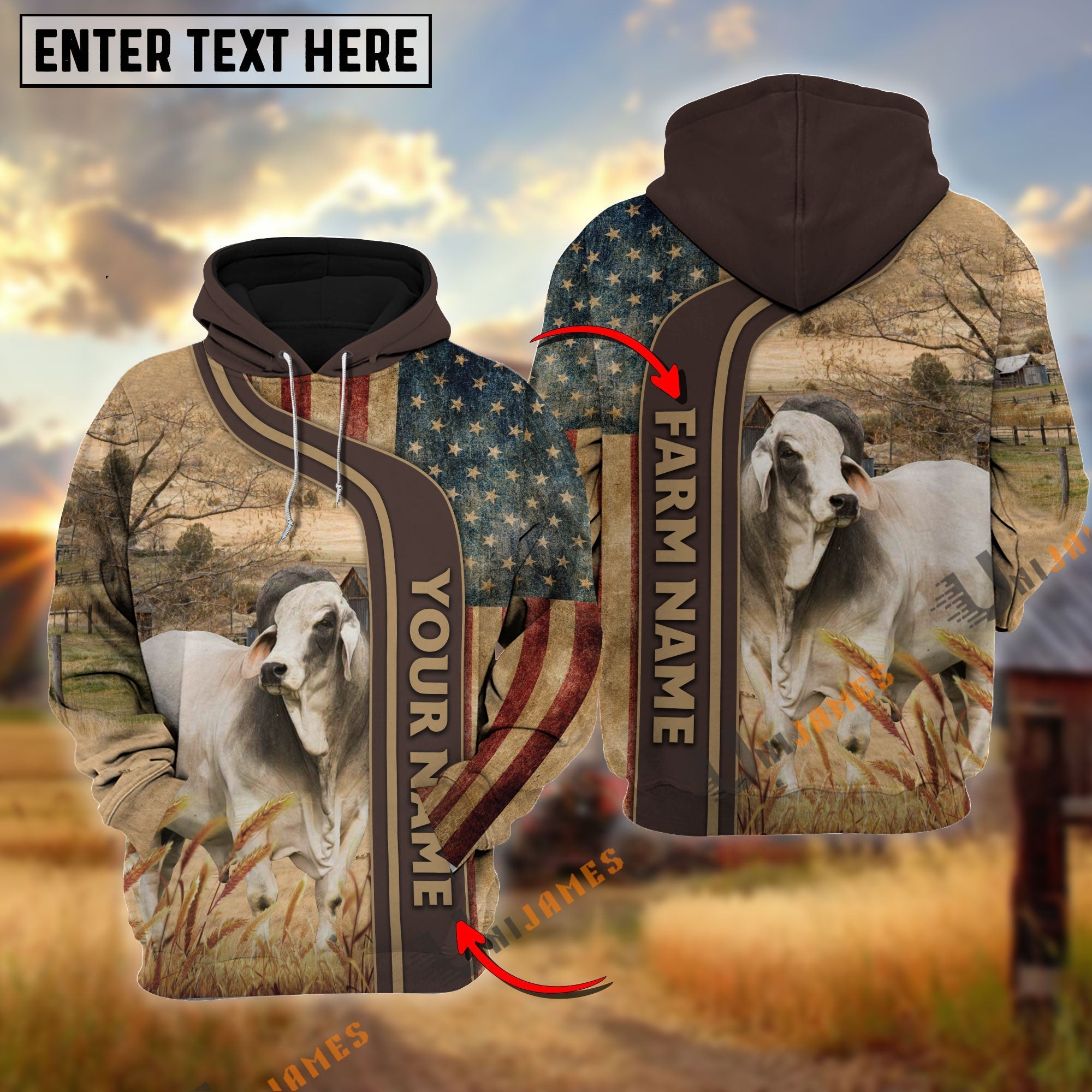 Personalized Name, Farm Name Brahman US Flag Hoodie