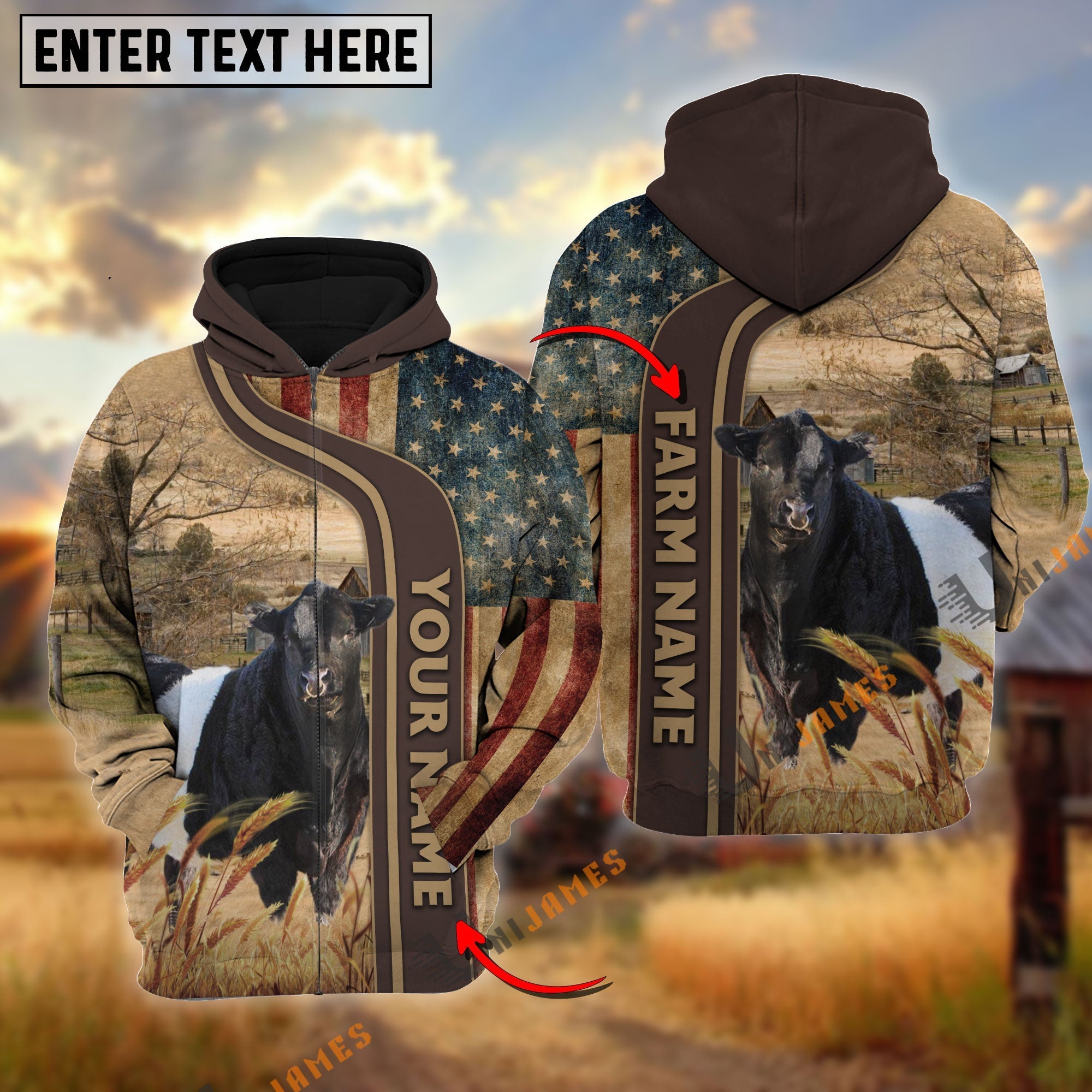 Personalized Name, Farm Name Belted Galloway US Flag Hoodie