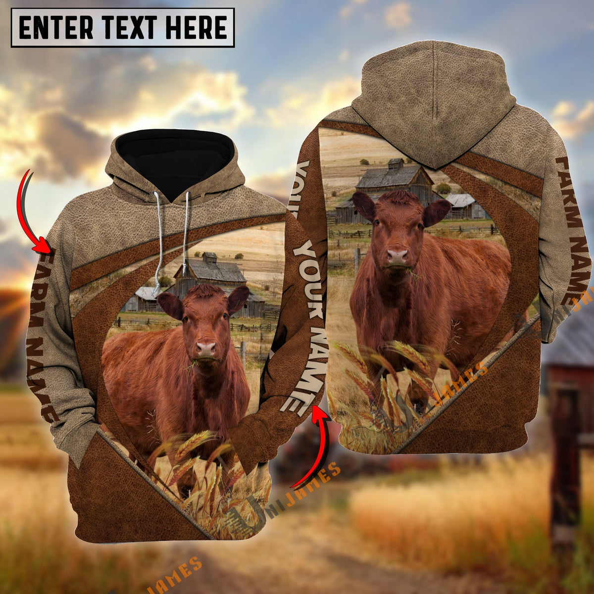 Red Angus Personalized Name, Farm Name 3D Mix Leather Pattern Hoodie