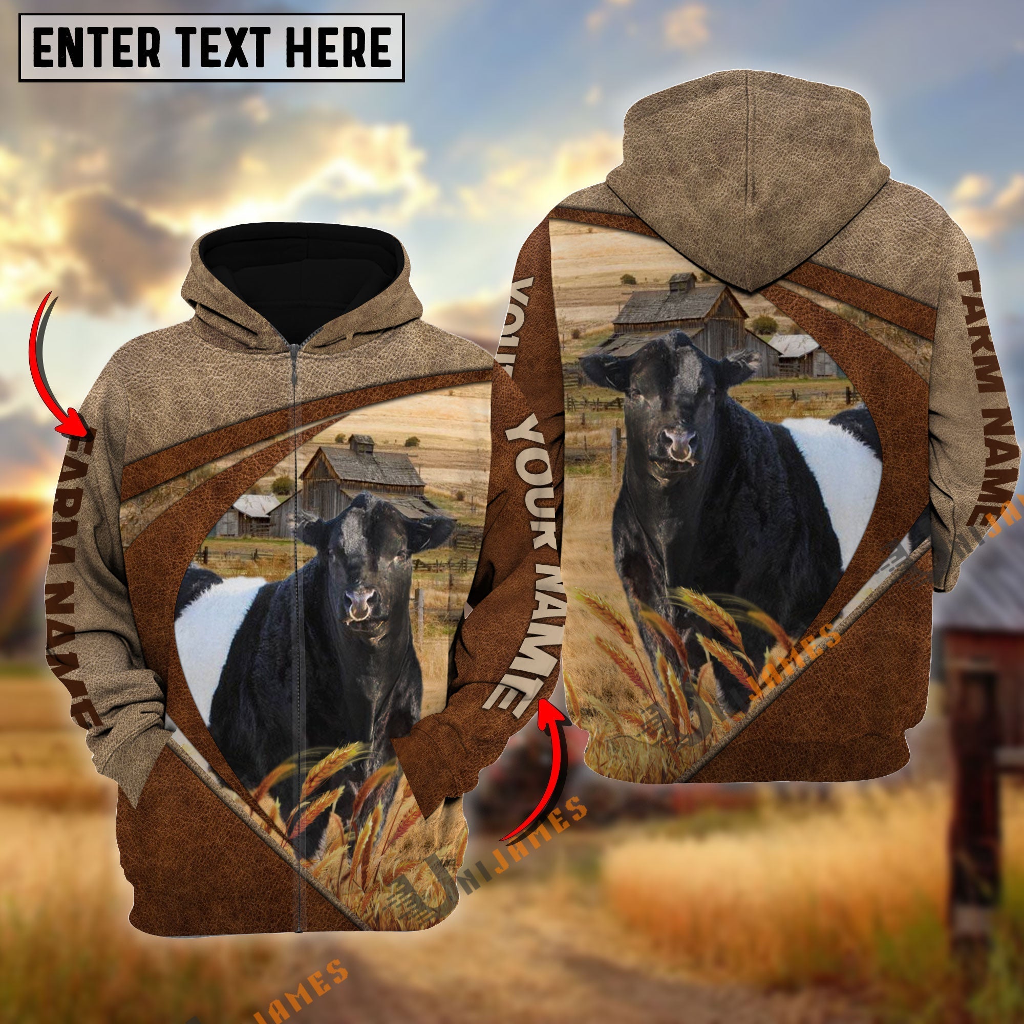 Belted Galloway Personalized Name, Farm Name 3D Mix Leather Pattern Hoodie