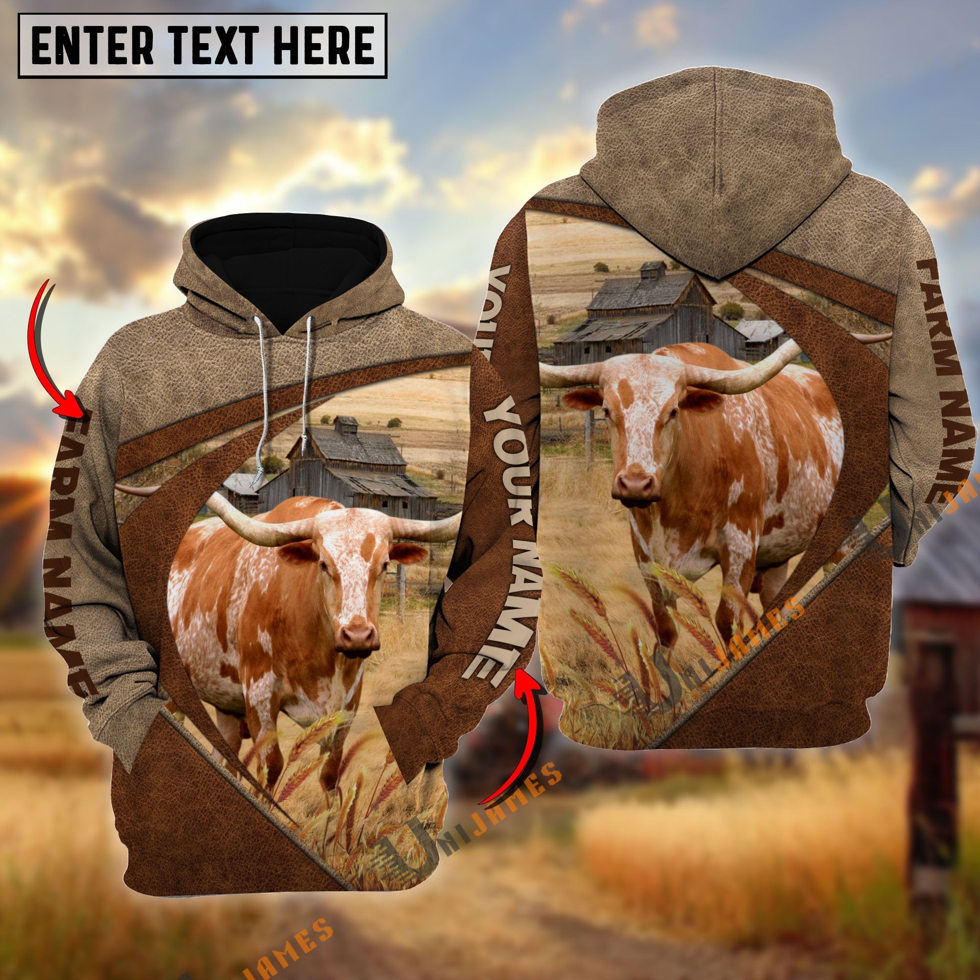 Texas Longhorn Personalized Name, Farm Name 3D Mix Leather Pattern Hoodie