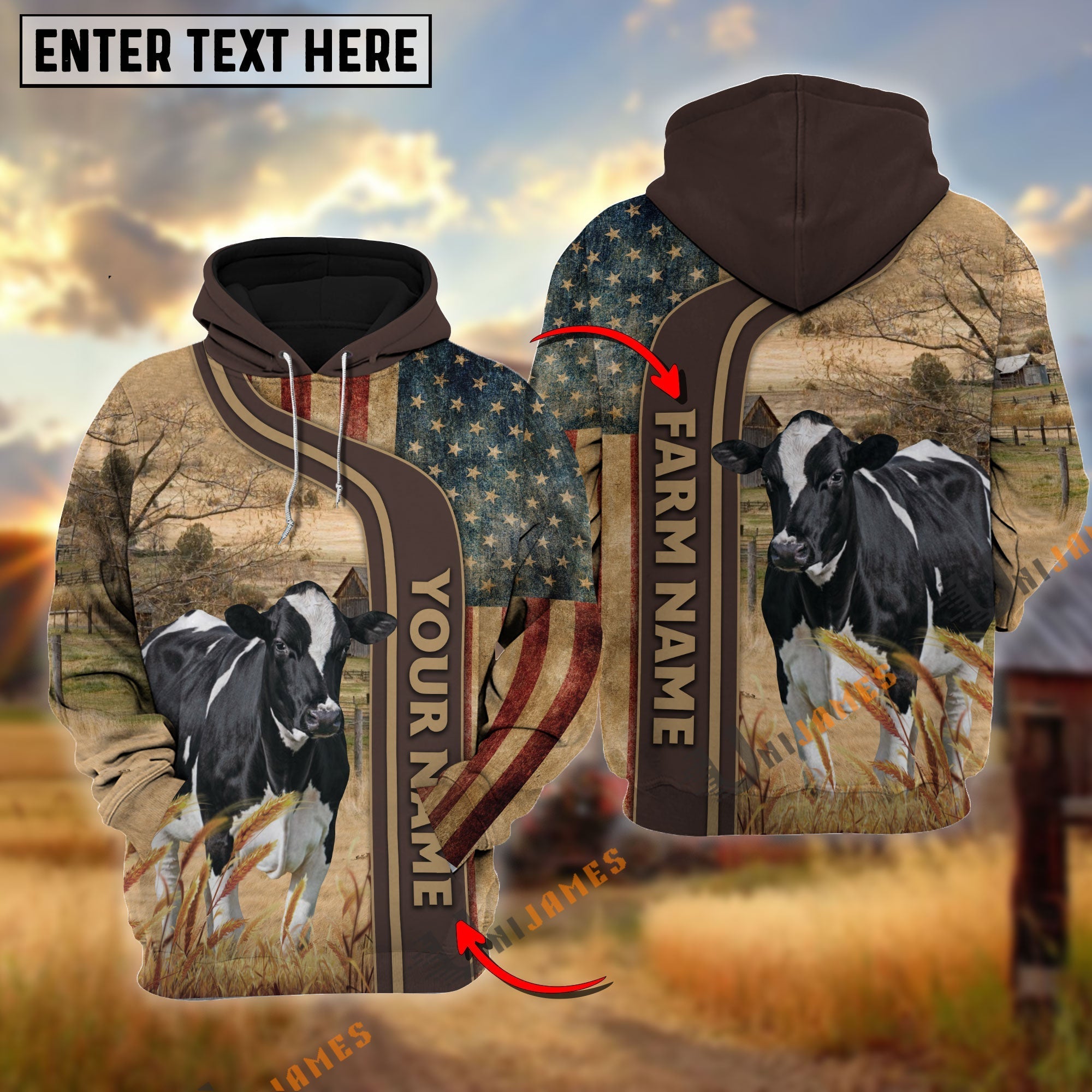 Personalized Name, Farm Name Holstein US Flag Hoodie
