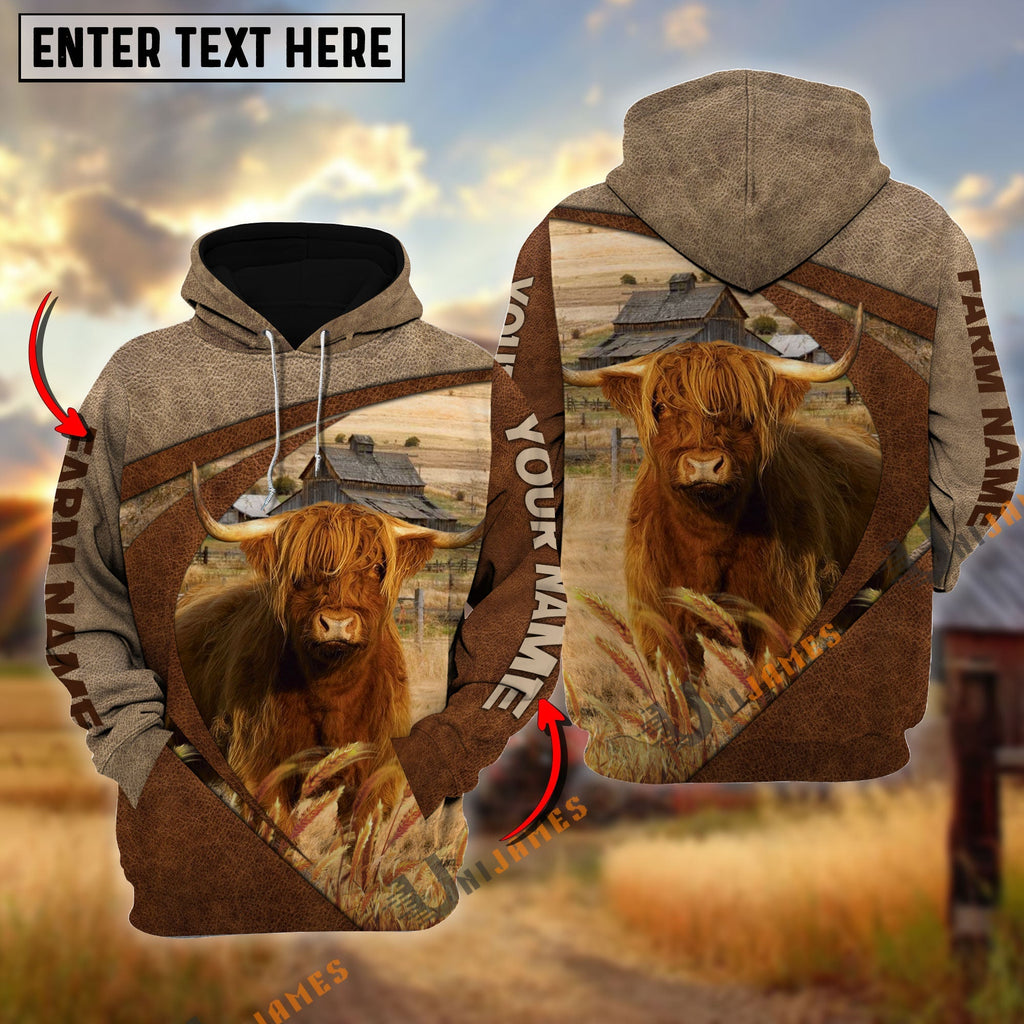 Highland Personalized Name, Farm Name 3D Mix Leather Pattern Hoodie