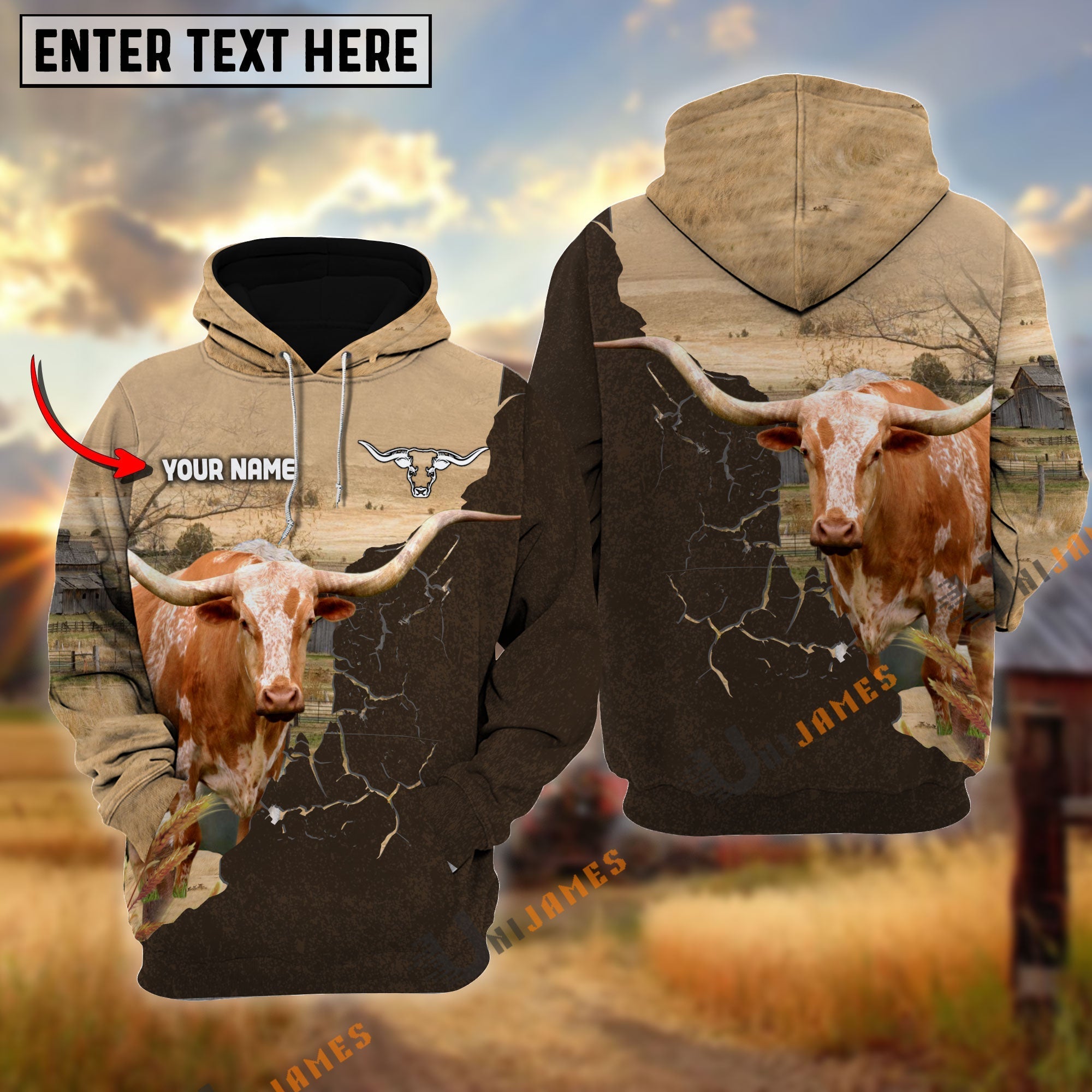 Texas Longhorn Farm Land Personalized Name Hoodie