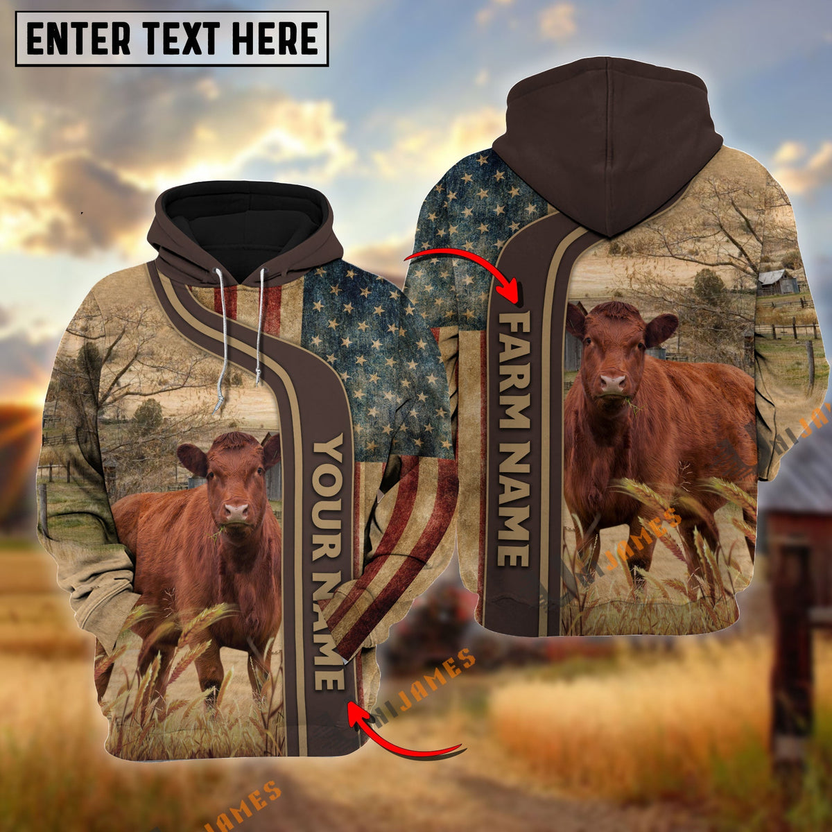 Personalized Name, Farm Name Red Angus US Flag Hoodie