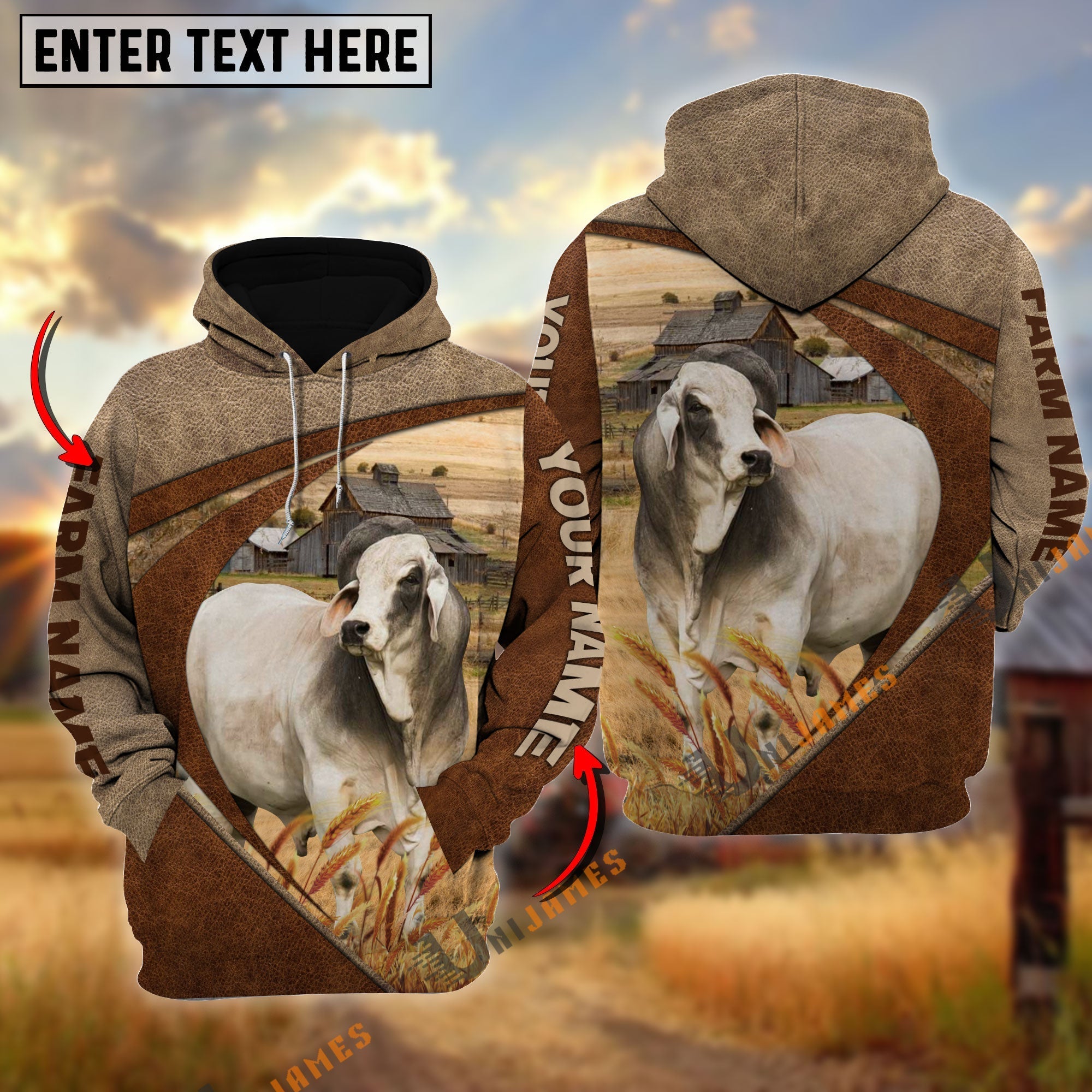 Brahman Personalized Name, Farm Name 3D Mix Leather Pattern Hoodie