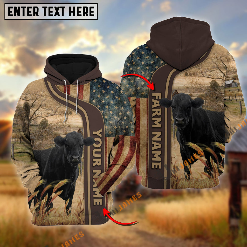 Personalized Name, Farm Name Black Angus US Flag Hoodie