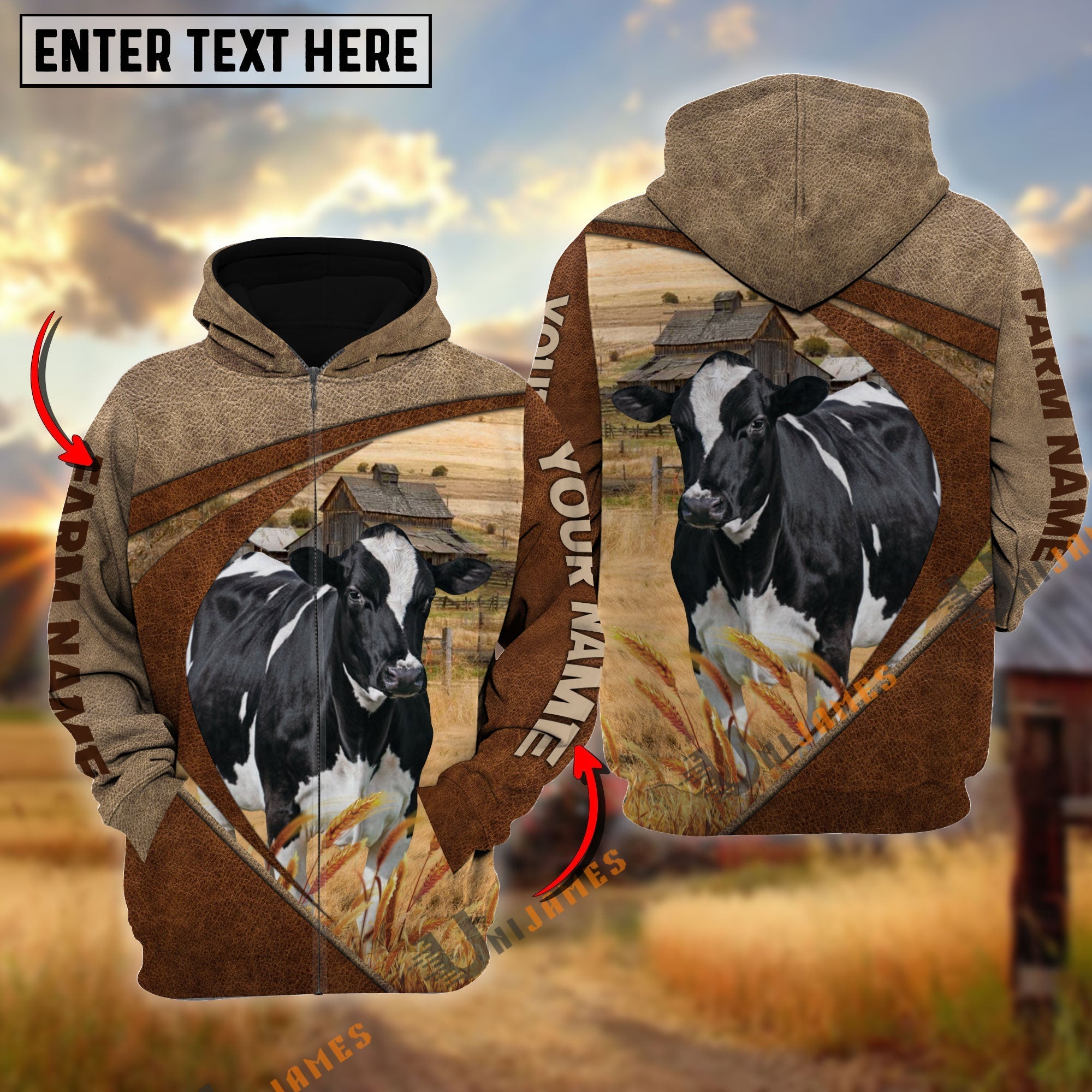 Holstein Personalized Name, Farm Name 3D Mix Leather Pattern Hoodie