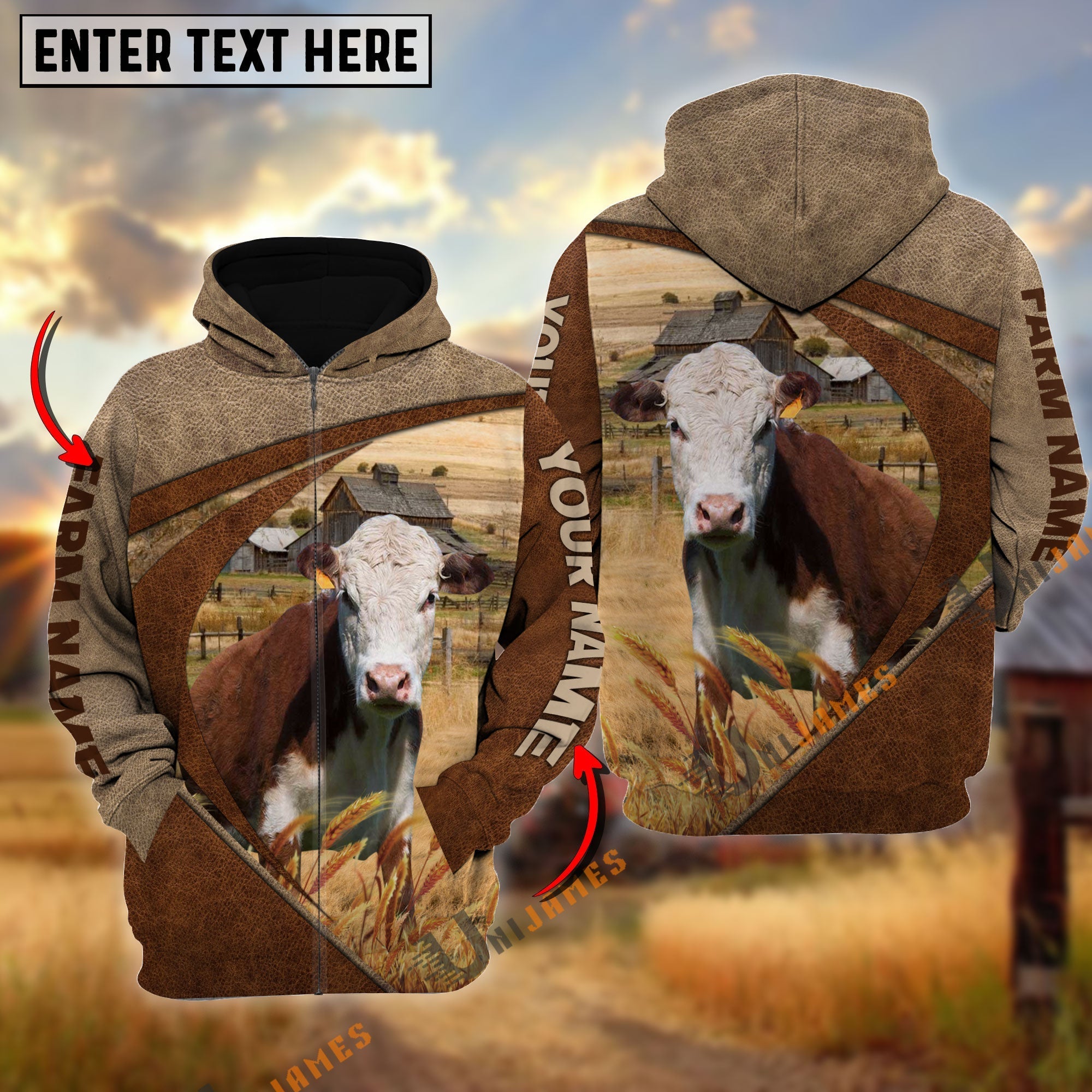 Hereford Personalized Name, Farm Name 3D Mix Leather Pattern Hoodie