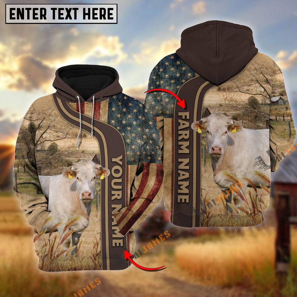 Personalized Name, Farm Name Charolais US Flag Hoodie