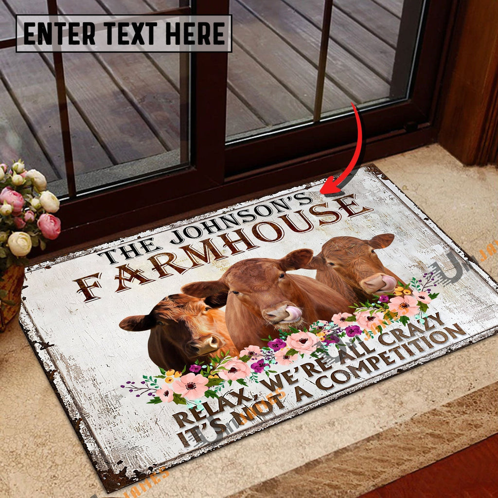 Red Angus Relax Cattle Farm Personalized Name Doormat