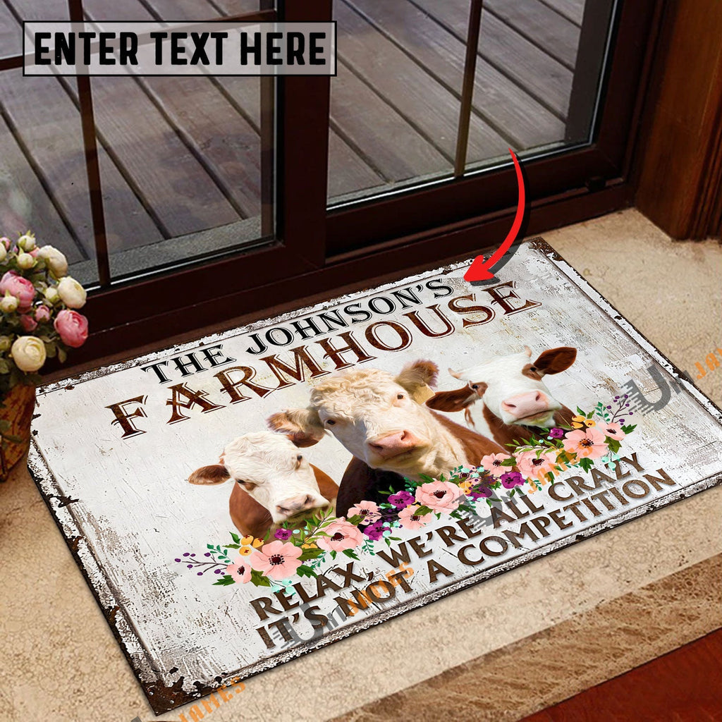 Hereford Relax Cattle Farm Personalized Name Doormat