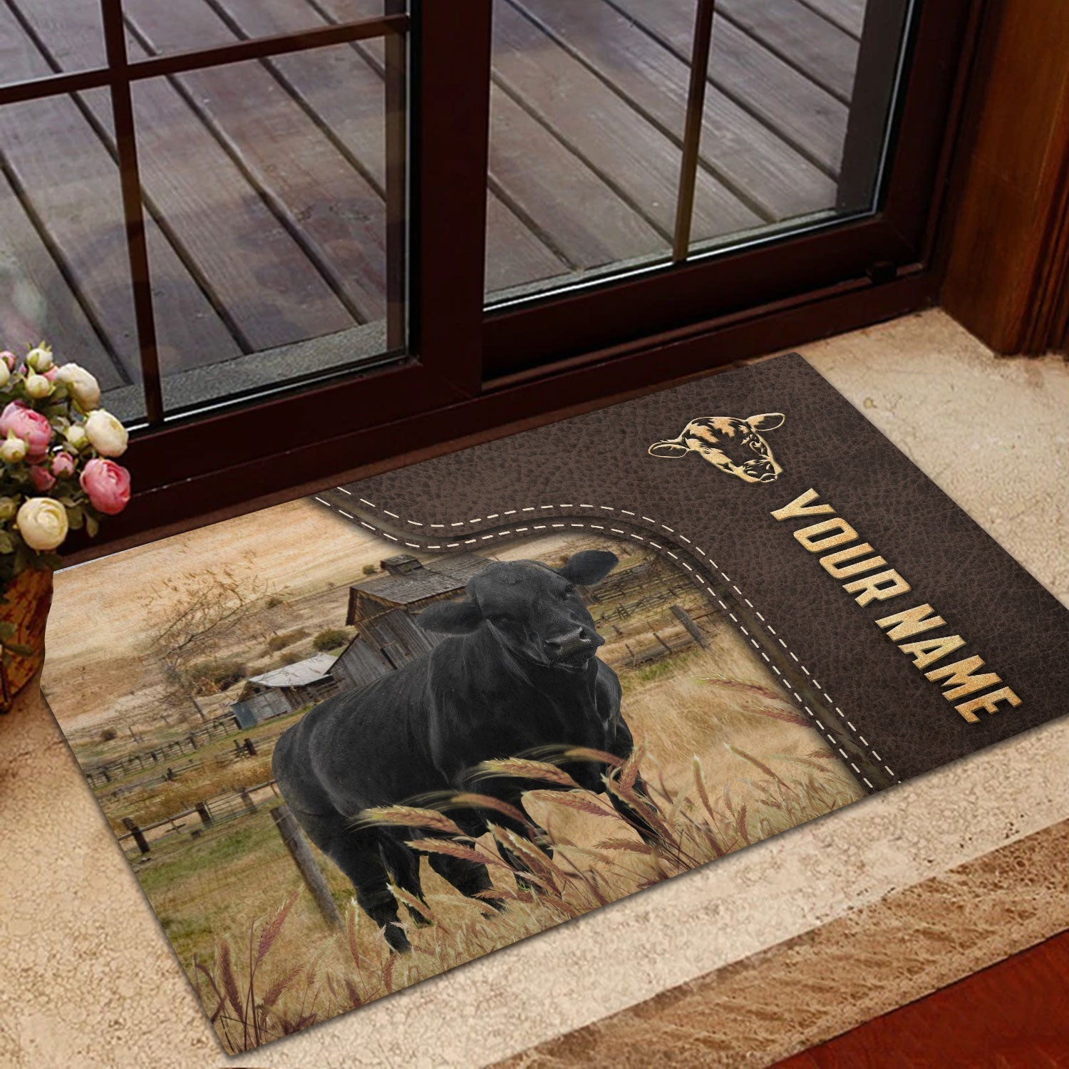 Black Angus Custom Name Leather Pattern Doormat