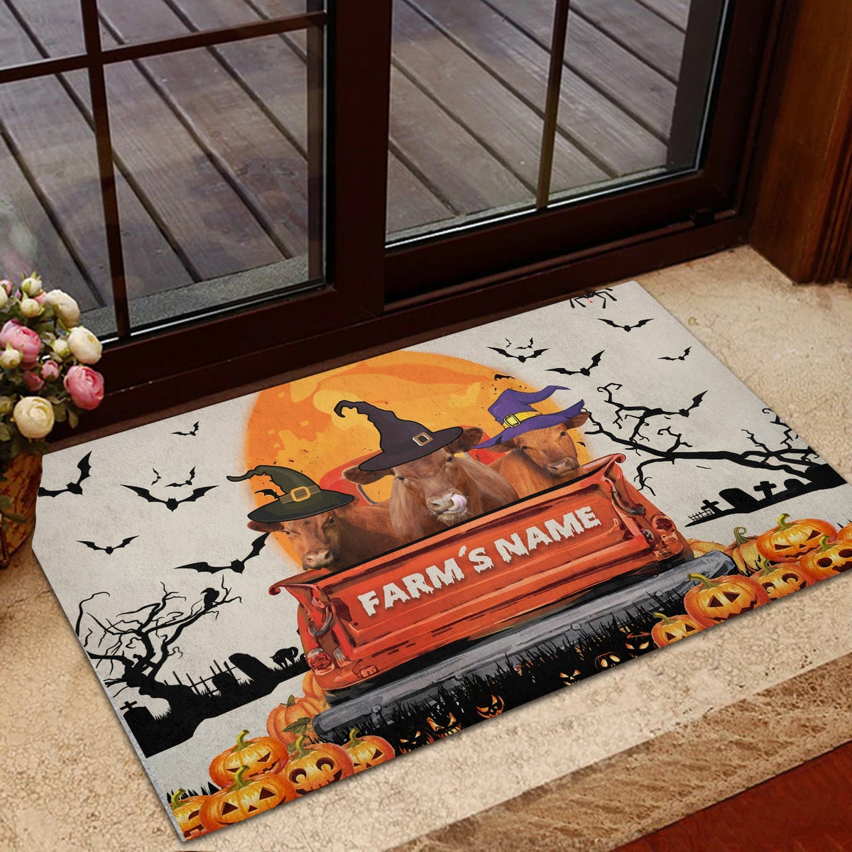 Red Angus Custom Farm Name Halloween Doormat