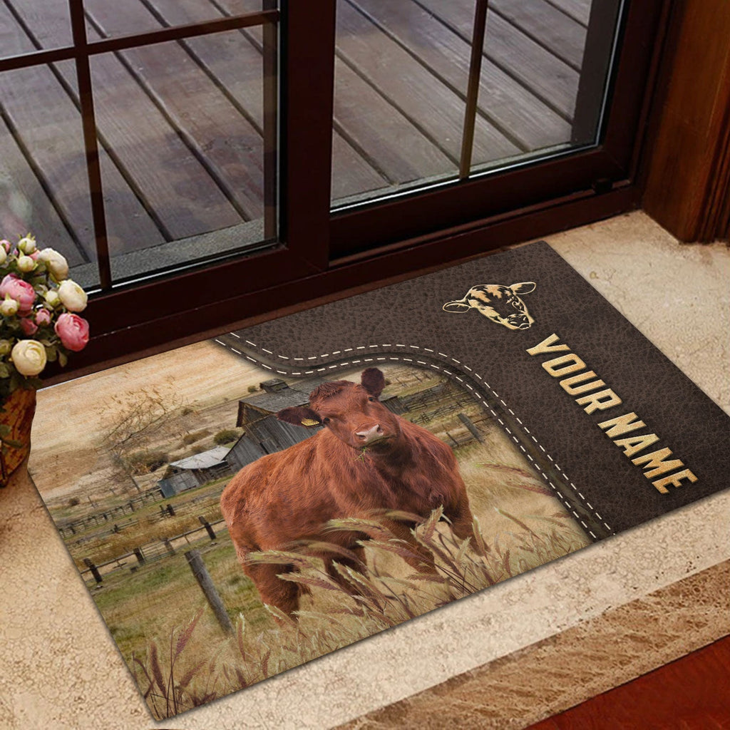 Red Angus Custom Name Leather Pattern Doormat