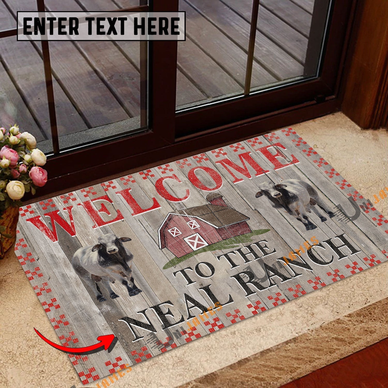 Brahman Welcome To The Farmhouse Custom Name Doormat