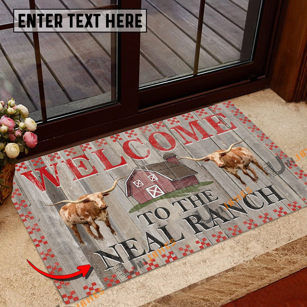 Texas Longhorn Welcome To The Farmhouse Custom Name Doormat