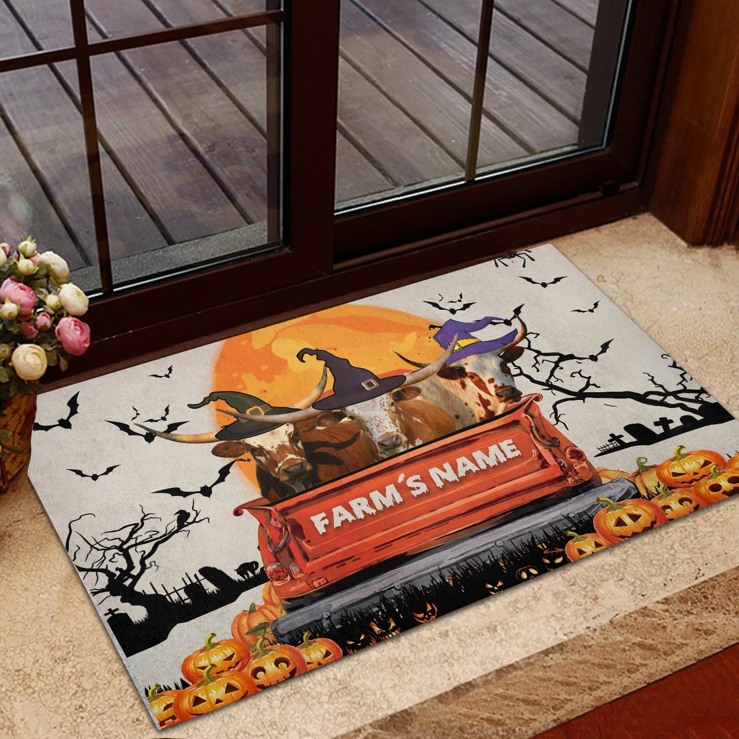 Texas Longhorn Custom Farm Name Halloween Doormat