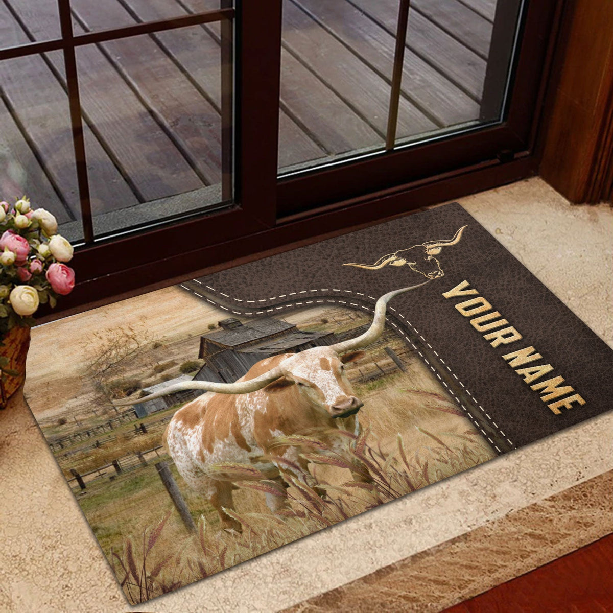 Texas Longhorn Custom Name Leather Pattern Doormat