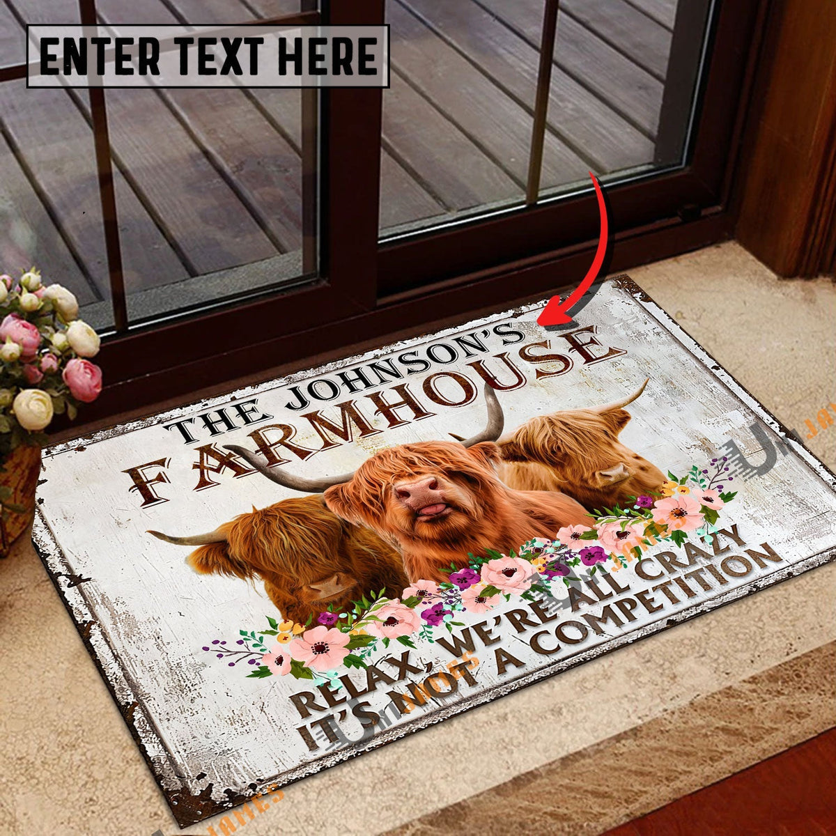 Highland Relax Cattle Farm Personalized Name Doormat
