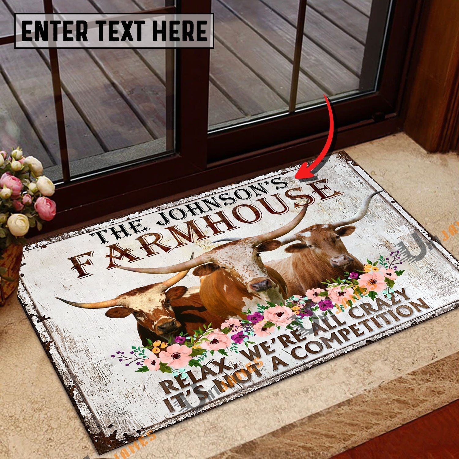 Texas Longhorn Relax Cattle Farm Personalized Name Doormat